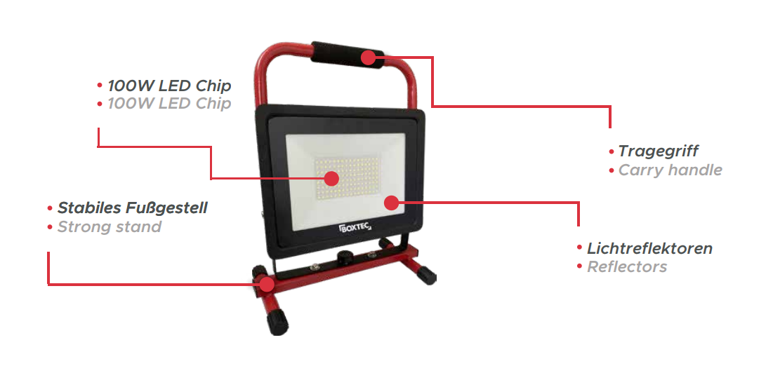 BOXTEC LED Arbeitsleuchte, Baustrahler, PRO-LINE FIXSTAND 100W, 8000lm, 6500K, IP65, 3m Gummikabel