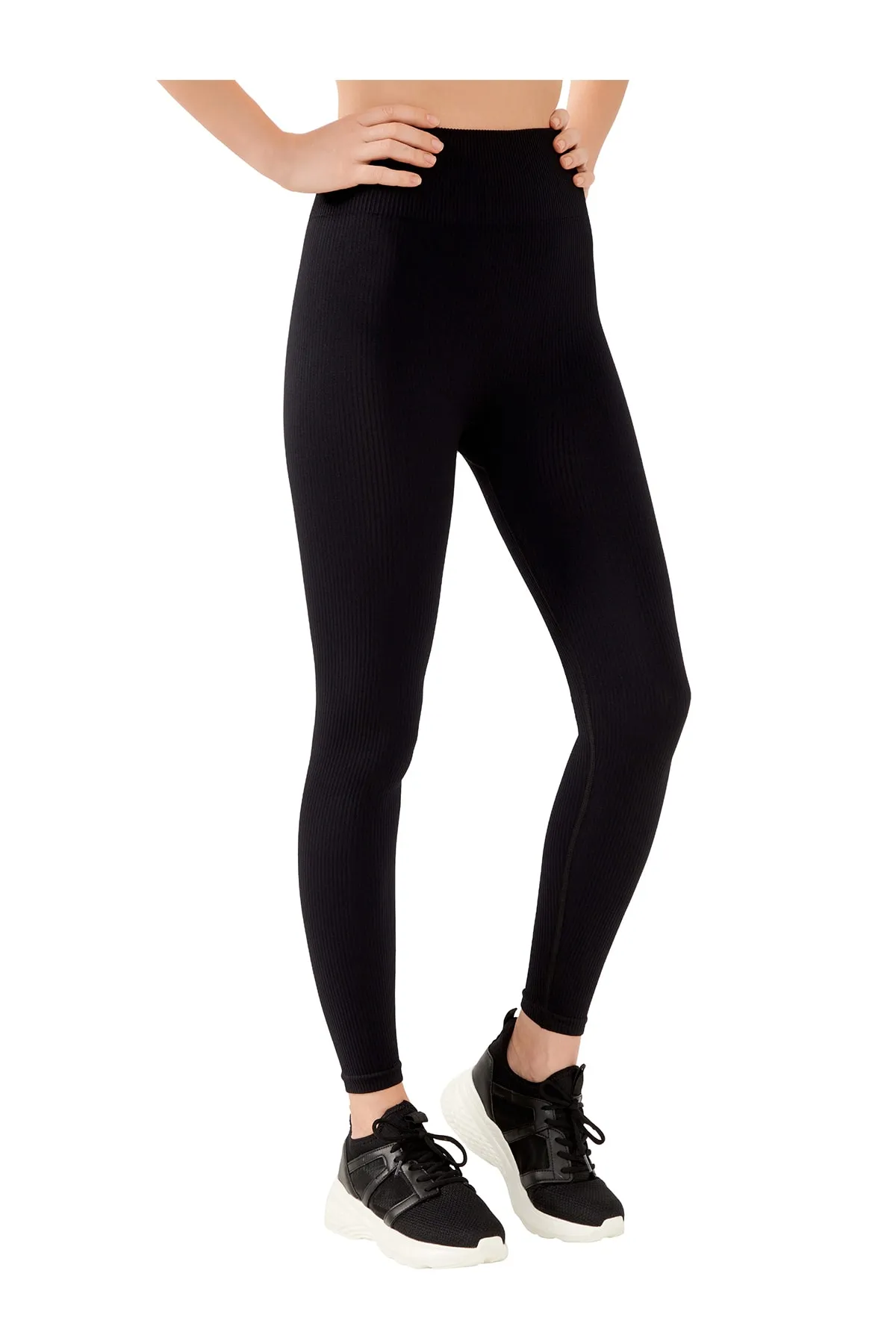 LOS OJOS  Schwarze, nahtlose, gerippte Fitness-Leggings mit hoher Taille für Damen
