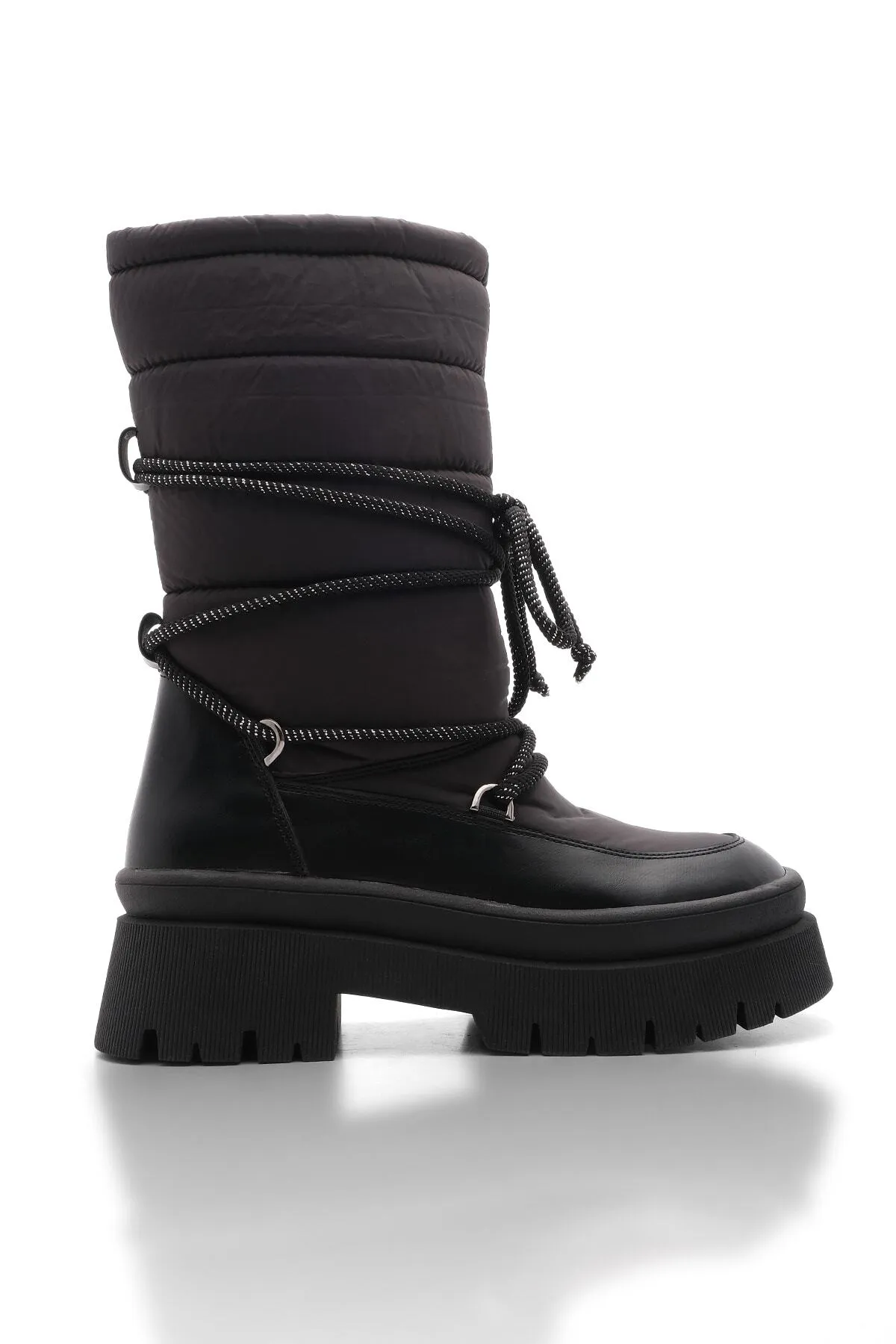 Marjin  Damen-Schneestiefel mit dicker Sohle und Schnürung aus Fell an der Innenseite von Armen schwarz