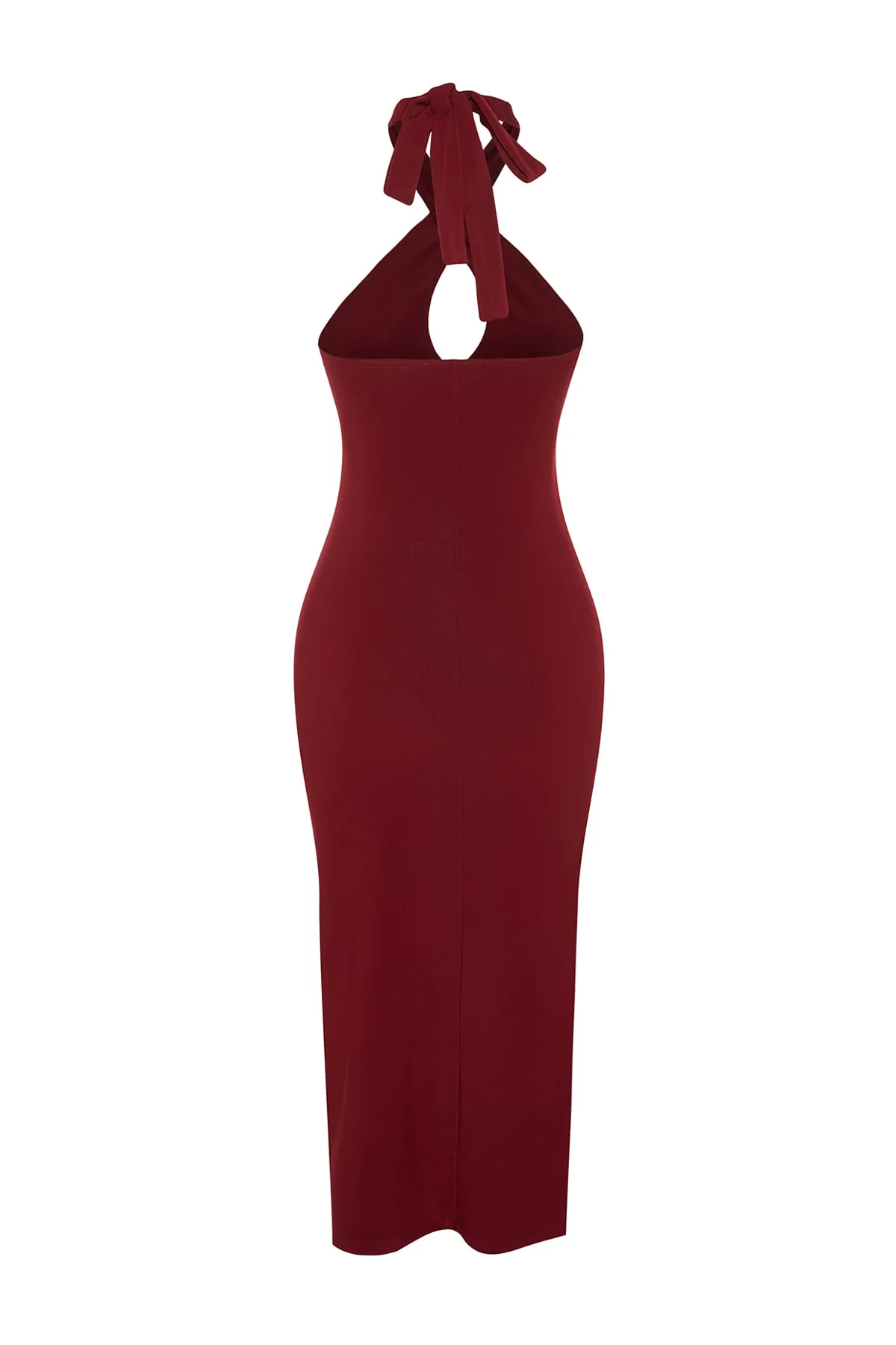 Trendyol Collection  Burgunderrotes, drapiertes Neckholder-Midi-Bleistiftkleid aus Strick TWOSS23EL02370