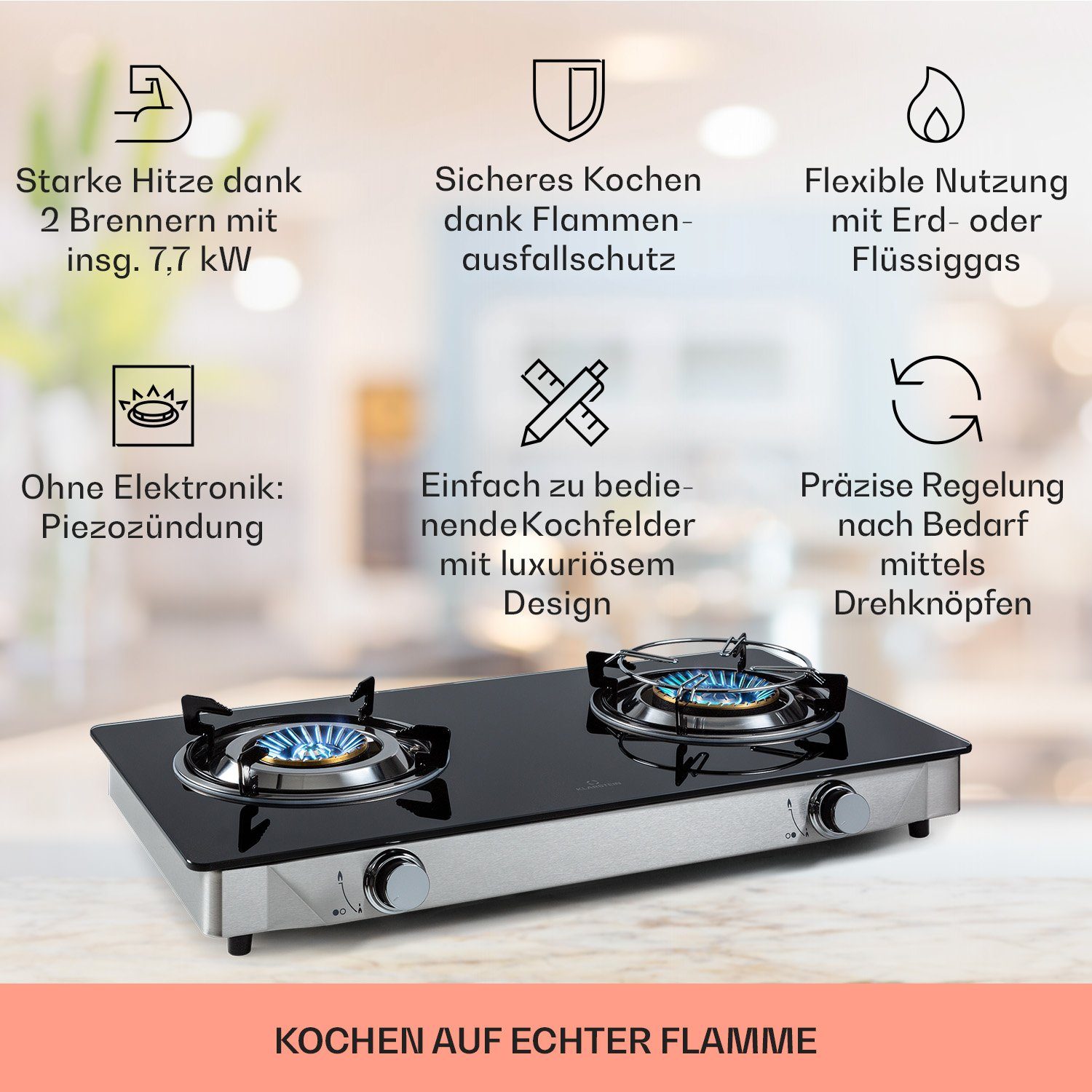 Klarstein Gas-Kochfeld CGCH6-Barzona2-G31 CGCH6-Barzona2-G31, 2 flammen brenner Kochfelder Gaskochfelder