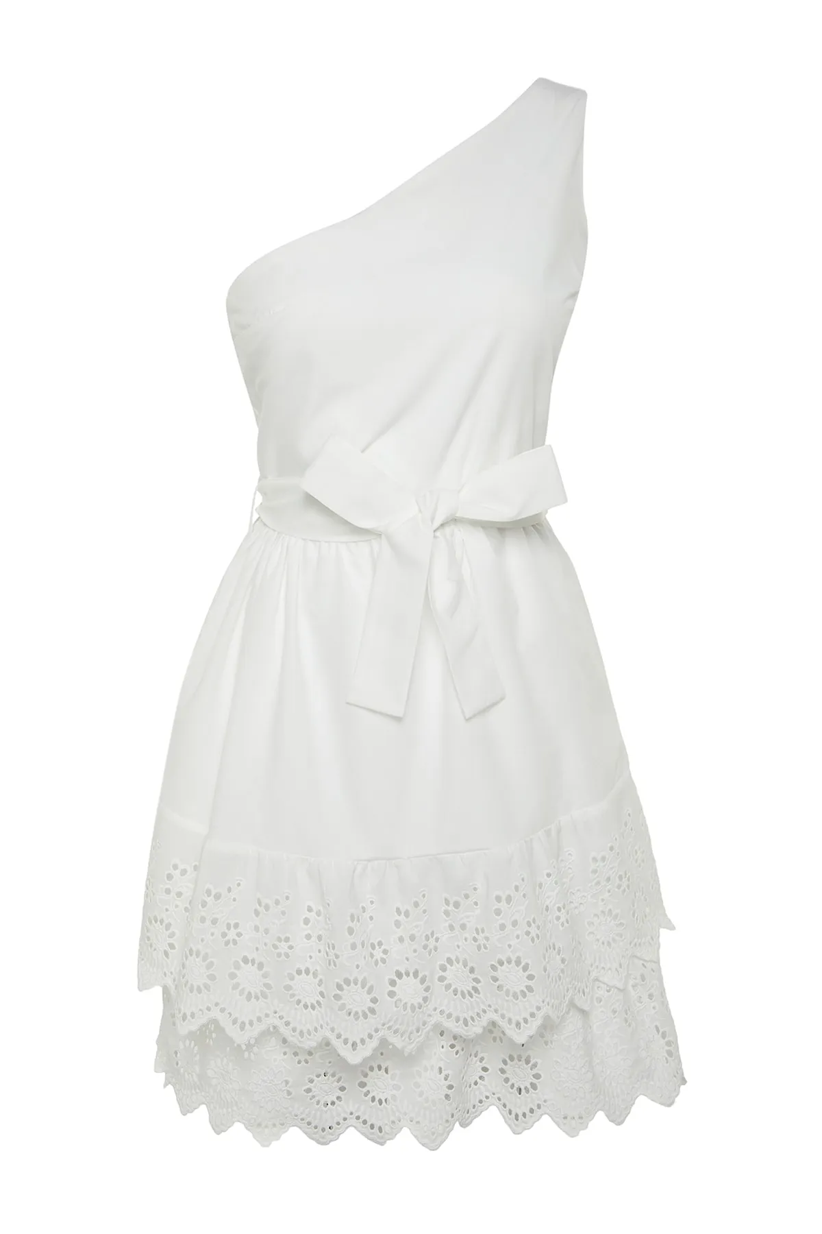 Trendyol Collection  Ecru-Taillenöffnung, Stickerei, detailliertes One-Shoulder-Minikleid aus Webstoff TWOSS23EL00004