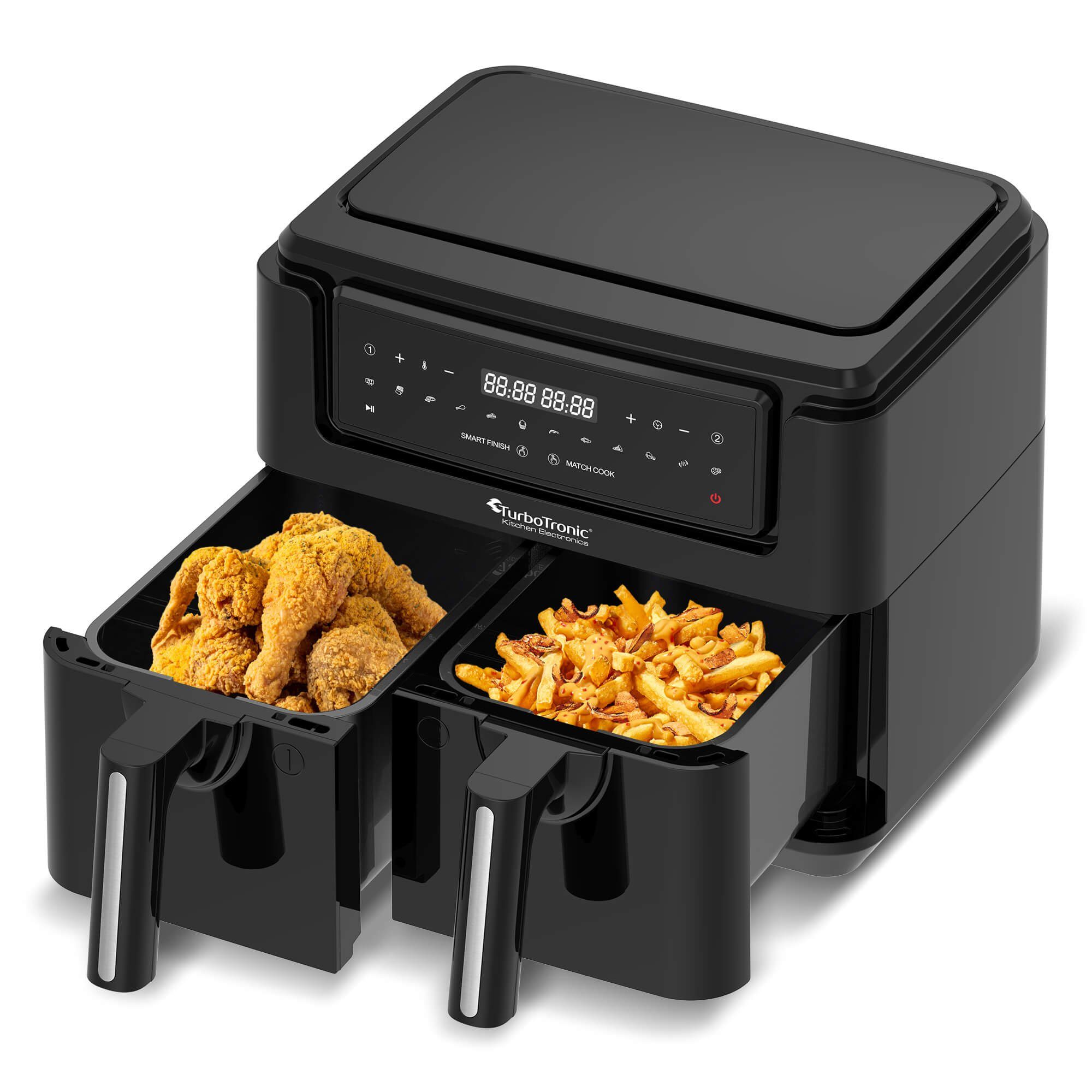 TurboTronic by Z-Line Heißluftfritteuse XXL doppel Airfryer 1750W 7,6L 2x 3,8L Kammer 12 Programme digitale, 1750 W