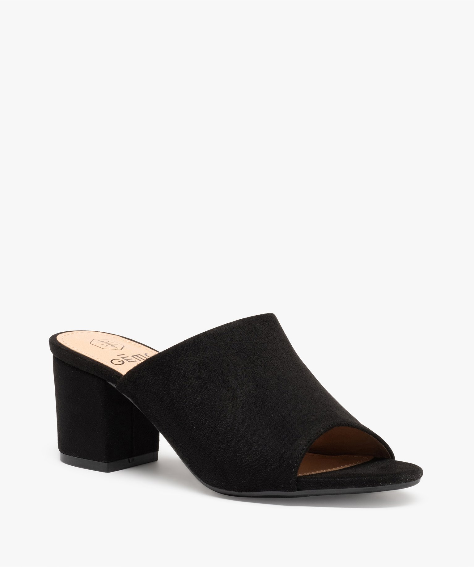 Mules femme à talon carré dessus en suédine unie noir | GEMO