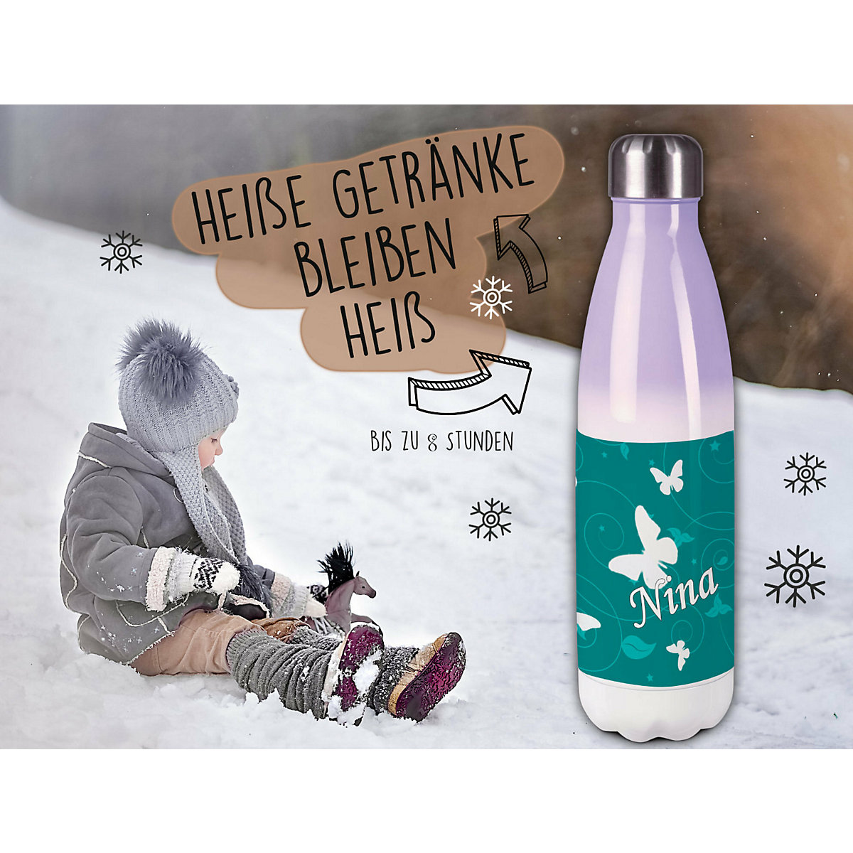 Edelstahl Kinder Thermoflasche / Trinkflasche bunt Schmetterling Ornamente Farbe petrol Spülmaschinenfest, Auslaufsicher, Bruchfest, Doppelwandig, Für Heißgetränke geeignet, Mit Deckel, Isoliert