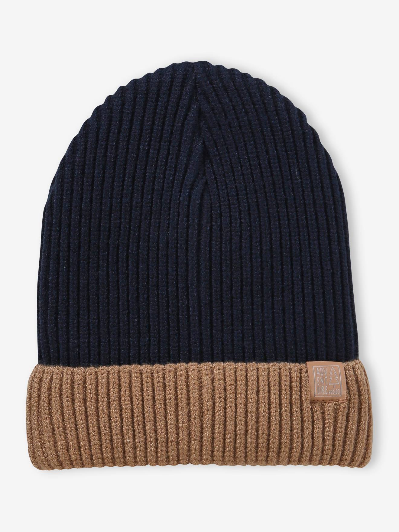Bonnet bicolore garçon en maille côtelée BASICS bleu nuit