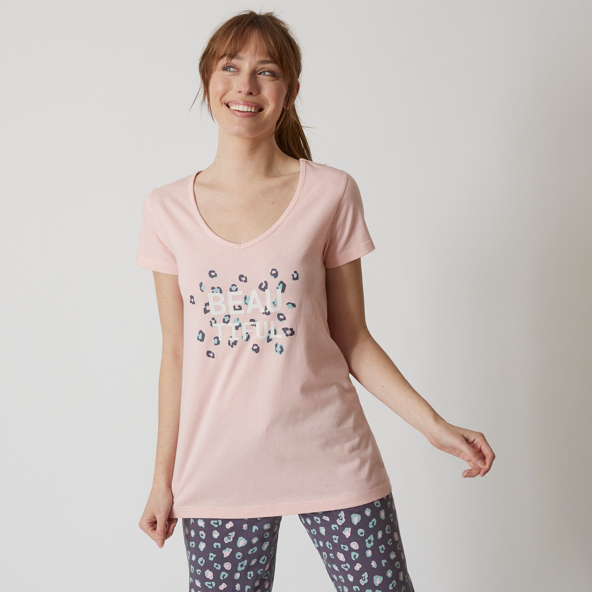 Tee-shirt manches courtes coton uni imprimé placé 