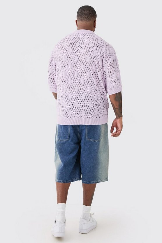 Plus kurzärmliges kastiges Strick-Poloshirt in Lilac