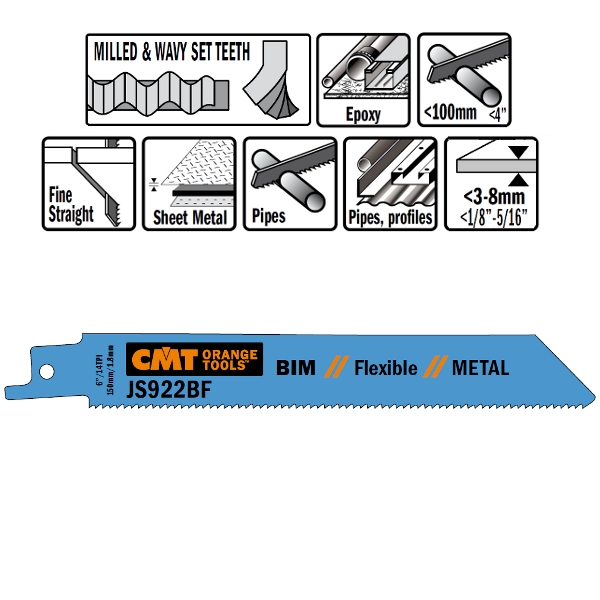CMT JS922BF-5 JS922BF bajonettsagblad 5 stk. Bimetall 150 mm x 0,9 x 14TPI Bruksområde: Metallplater (3–8 mm), solide rør og profiler.