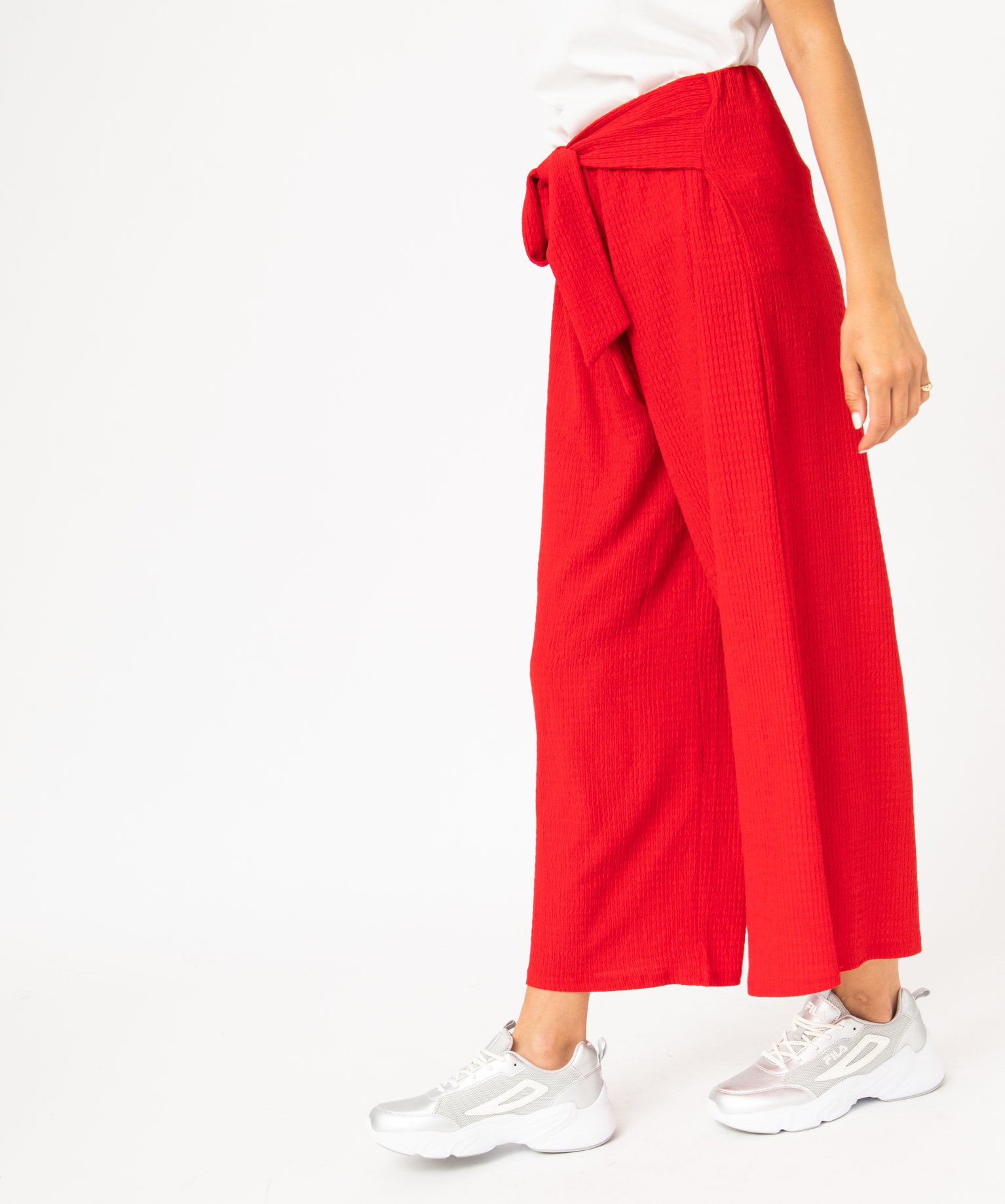 Pantacourt large en maille avec ceinture à nouer femme rouge | GEMO