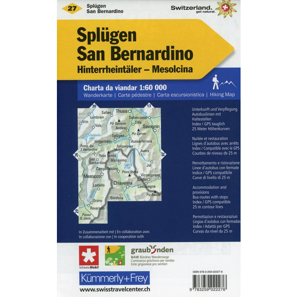 Splügen-San Bernardino, Hinterrheintäler, Misox Wanderkarte nr. 27 - Wanderkarte