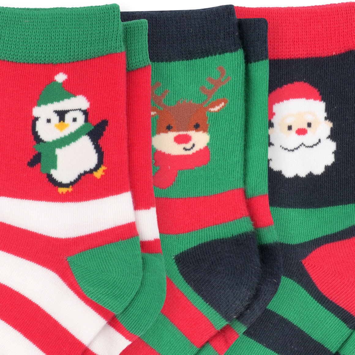 3 Paar Kinder Weihnachtssocken im Set rot / grün / dunkelblau