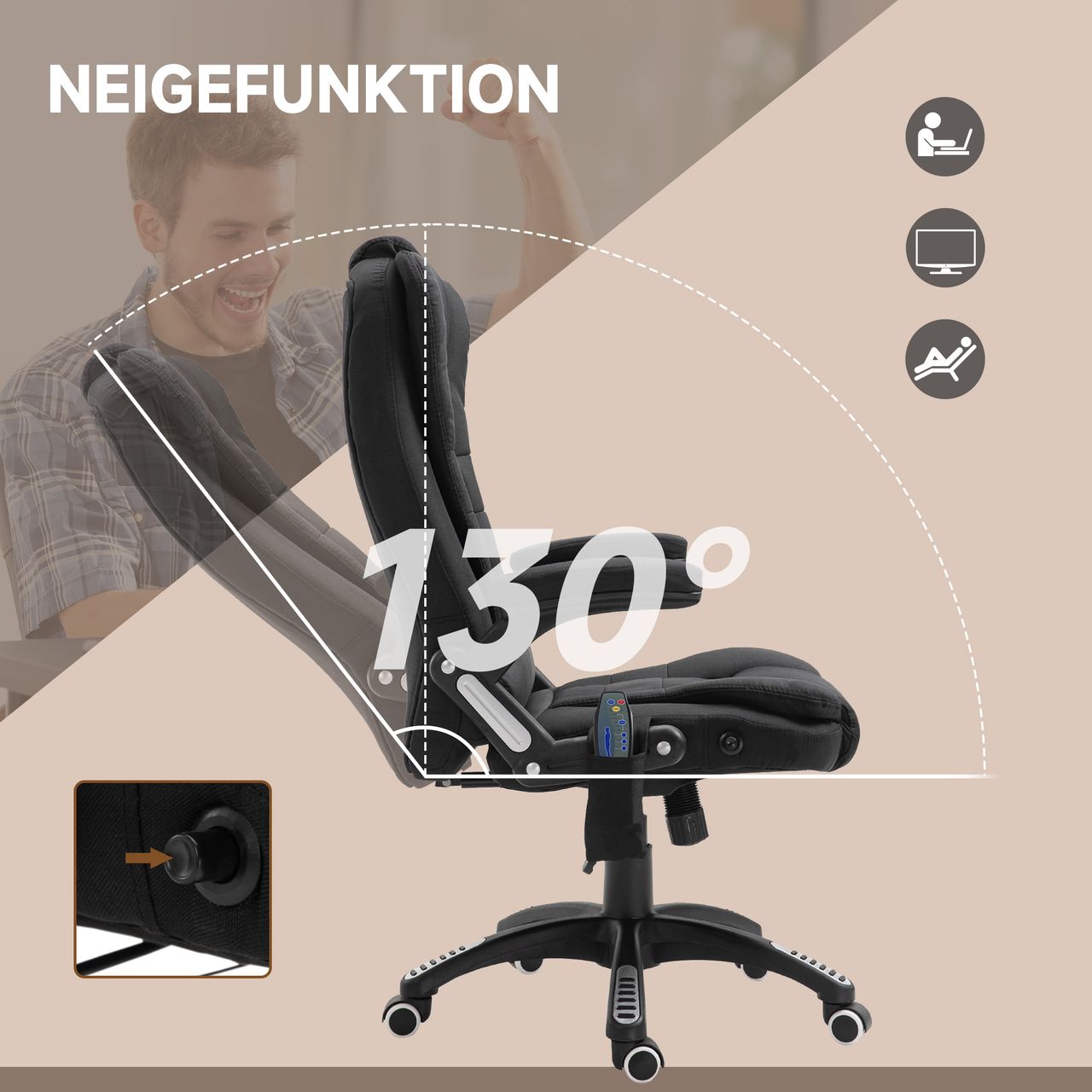 Vinsetto Massagesessel Chefsessel mit Massagefunktion höhenverstellbarer Drehstuhl ergonomischer Gamingstuhl Bürostuhl massage Schwarz 68 x 72 x 110–120 cm