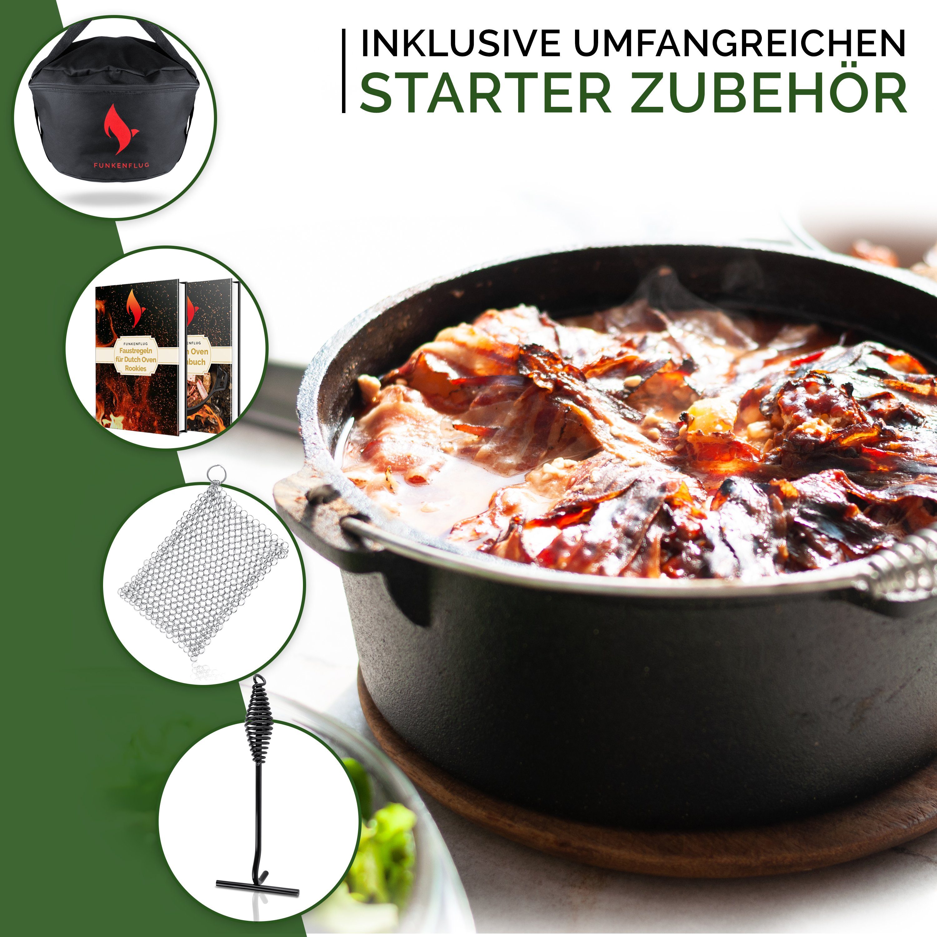 Funkenflug Feuertopf Eingebranntes Dutch Oven Set - für gesellige Grill Abenteuer, Gusseisen (Dutch Oven Set, 5-tlg., - BBQ Feuertopf aus massivem dickwandigen Gusseisen), inkl. Transporttasche, Deckelheber & Ringreiniger