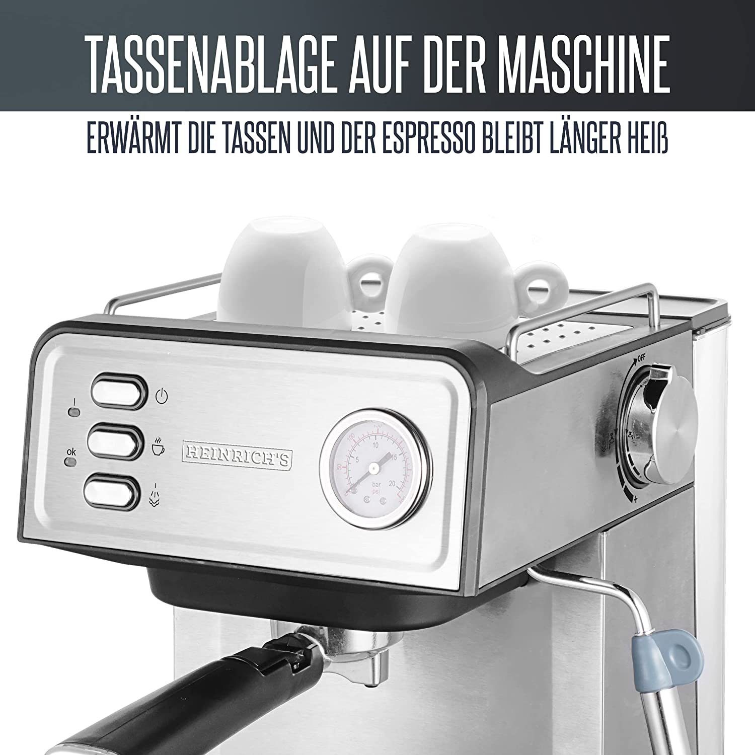 Heinrich´s Espressomaschine HES 8688, Edelstahlfilter, 20Bar Ulka Pumpe, Milchaufschäumer mit Barista Zubehör 1,6L