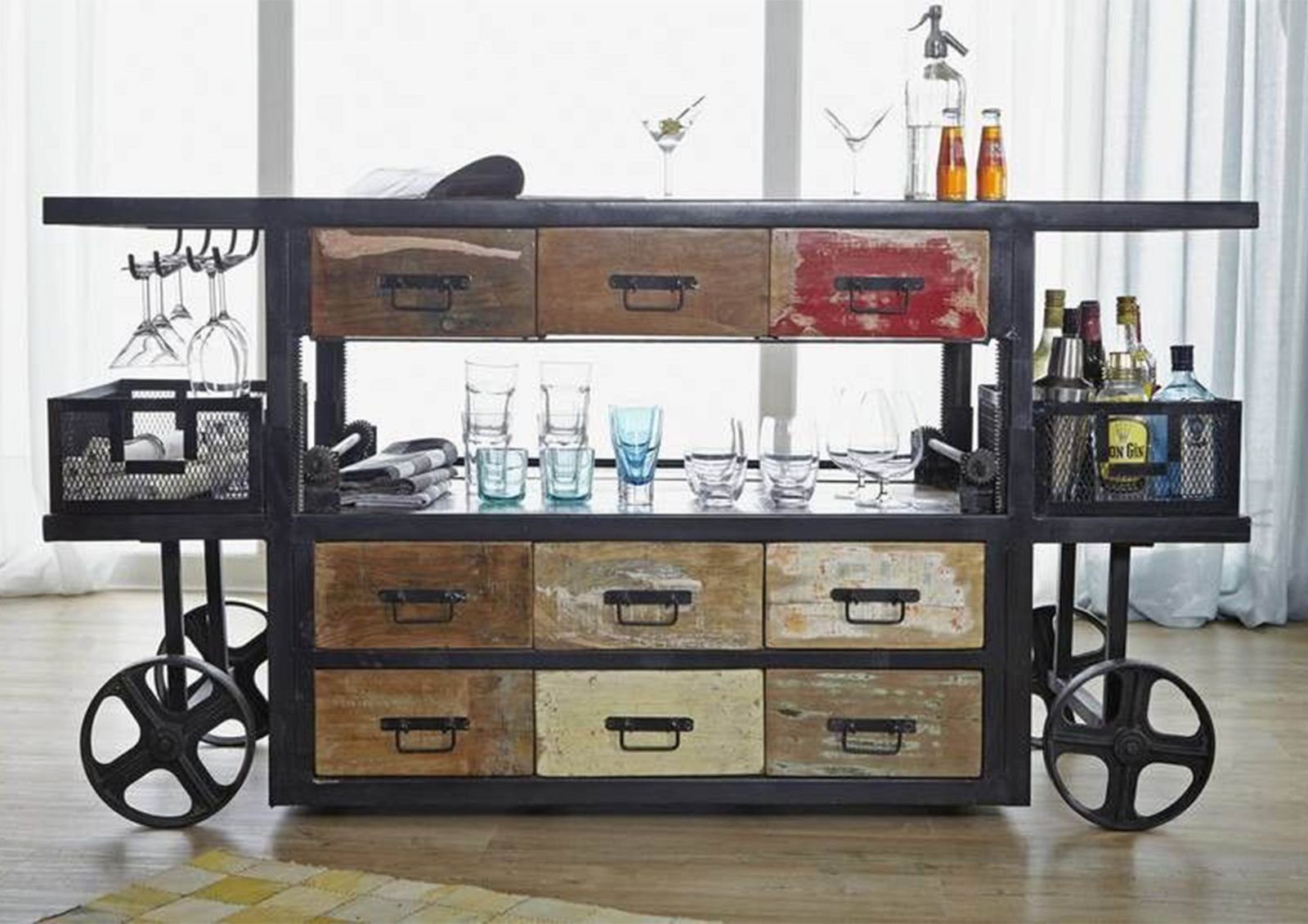 Massivmoebel24 Barschrank Bar Altholz 168x56x85 mehrfarbig lackiert INDUSTRIAL #17
