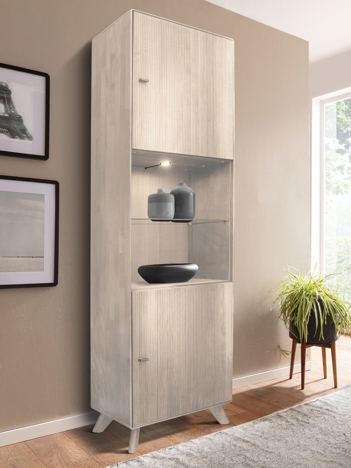 Casamia Highboard Vitrine Standvitrine Massivholz 65x209cm Varese Kernbuche massiv