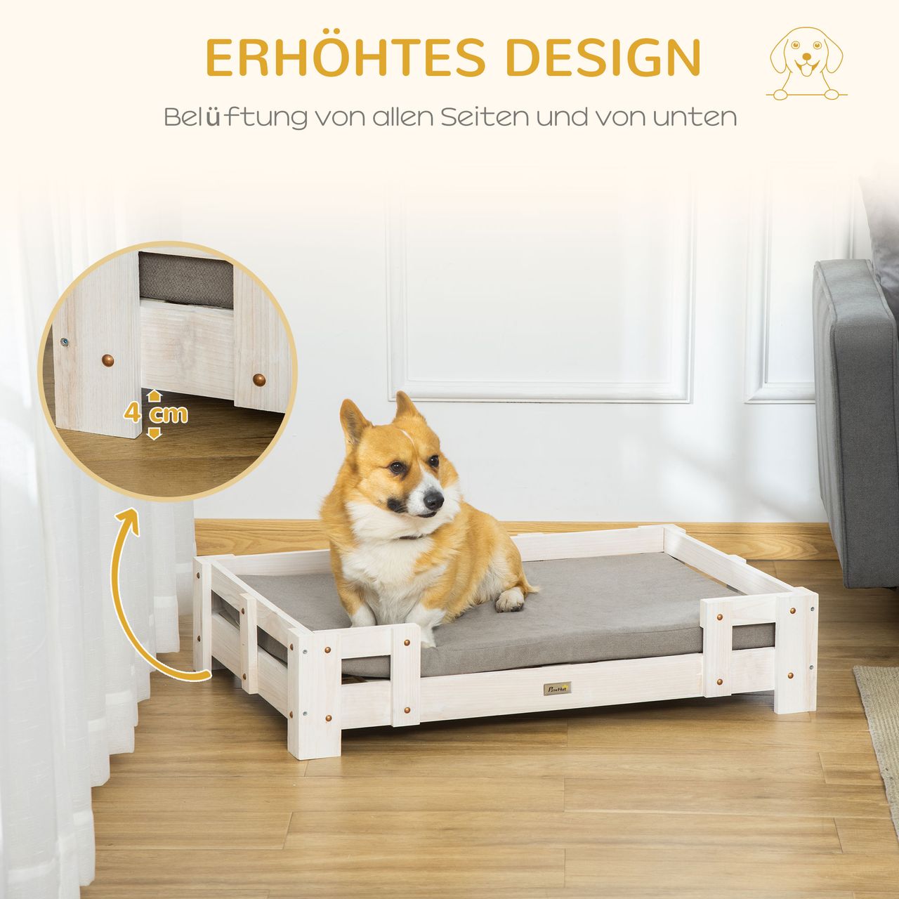 PawHut Erhöhtes Hundebett Kissen Holz Hundesofa Hundecouch Katzensofa waschbar