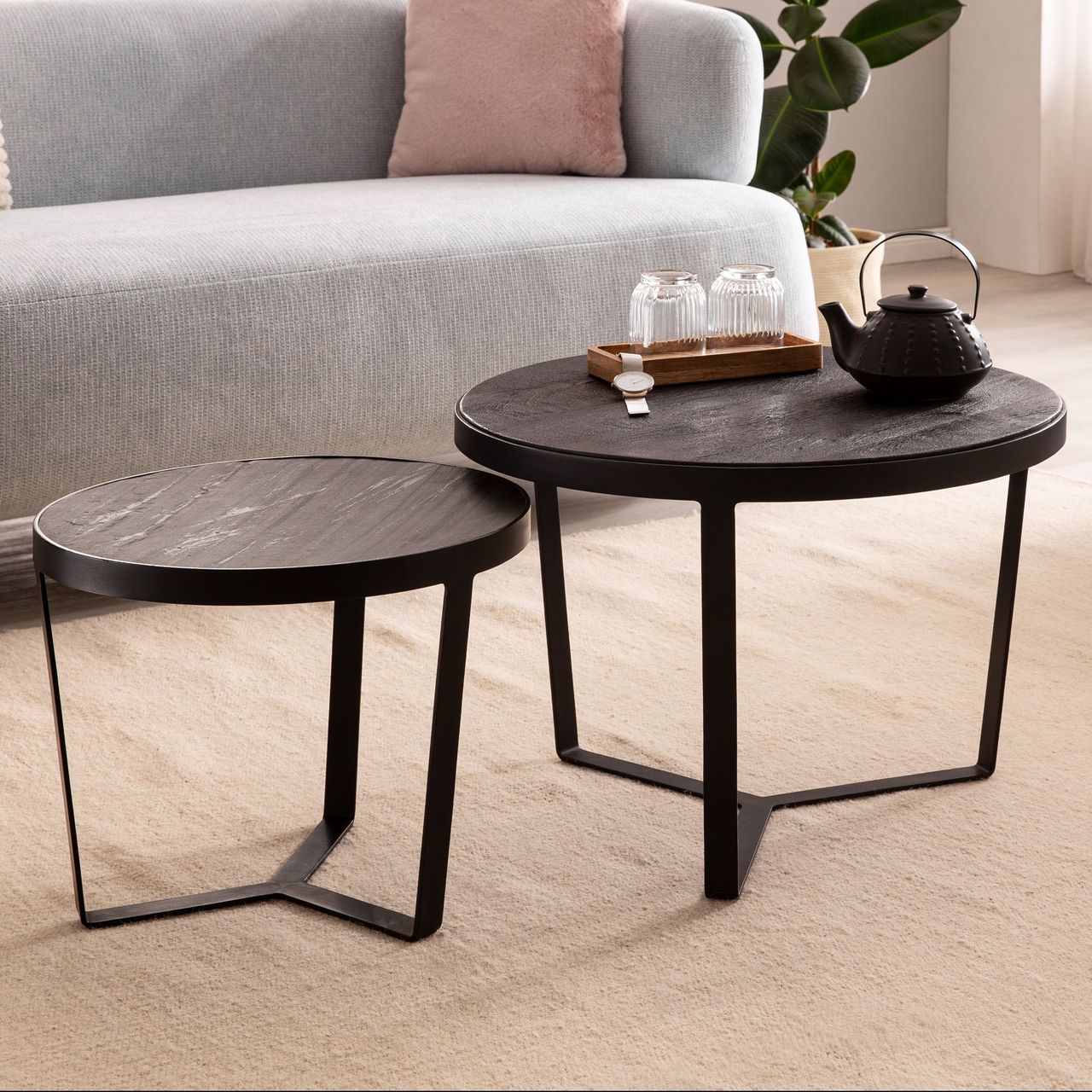 Wohnling Couchtisch 2er Set Rund Holz / Steinoptik Wohnzimmertisch Satztisch