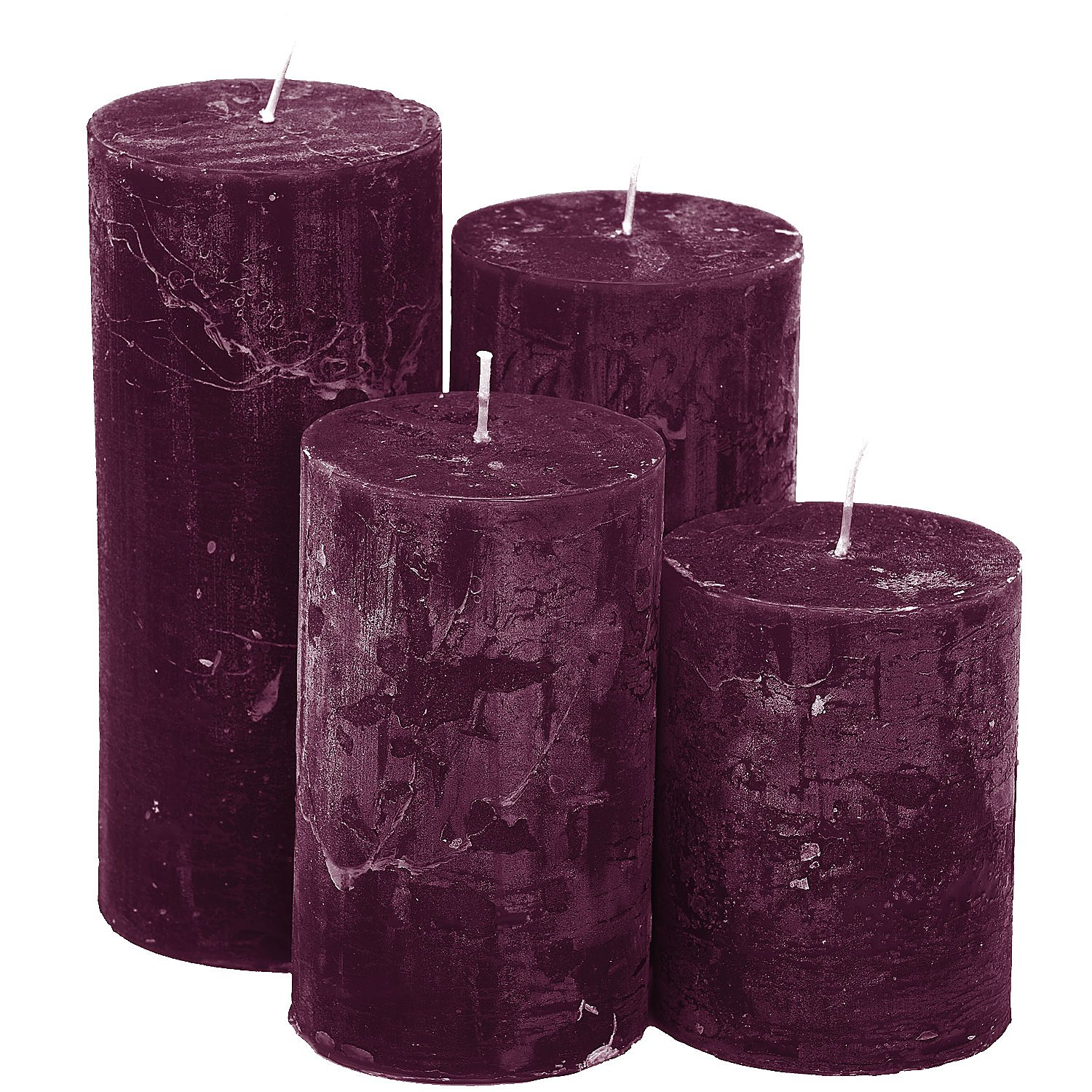 Rustikale Kerzen, weinrot, abgestuft, 4 Stück
