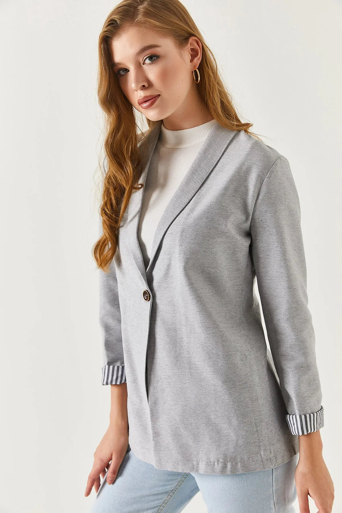 armonika  Grau gestreifte Damenjacke mit einem Knopf am Innenärmel Arm-22K001122