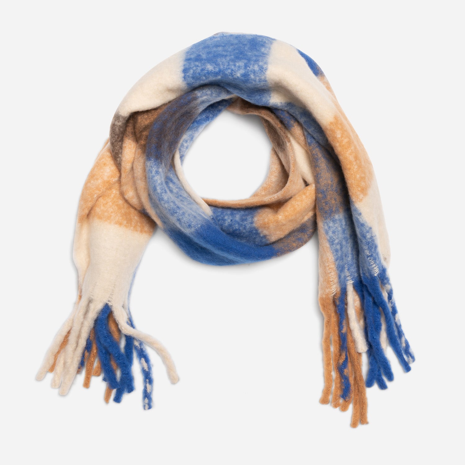 Echarpe TEXTO bleu, camel et écru