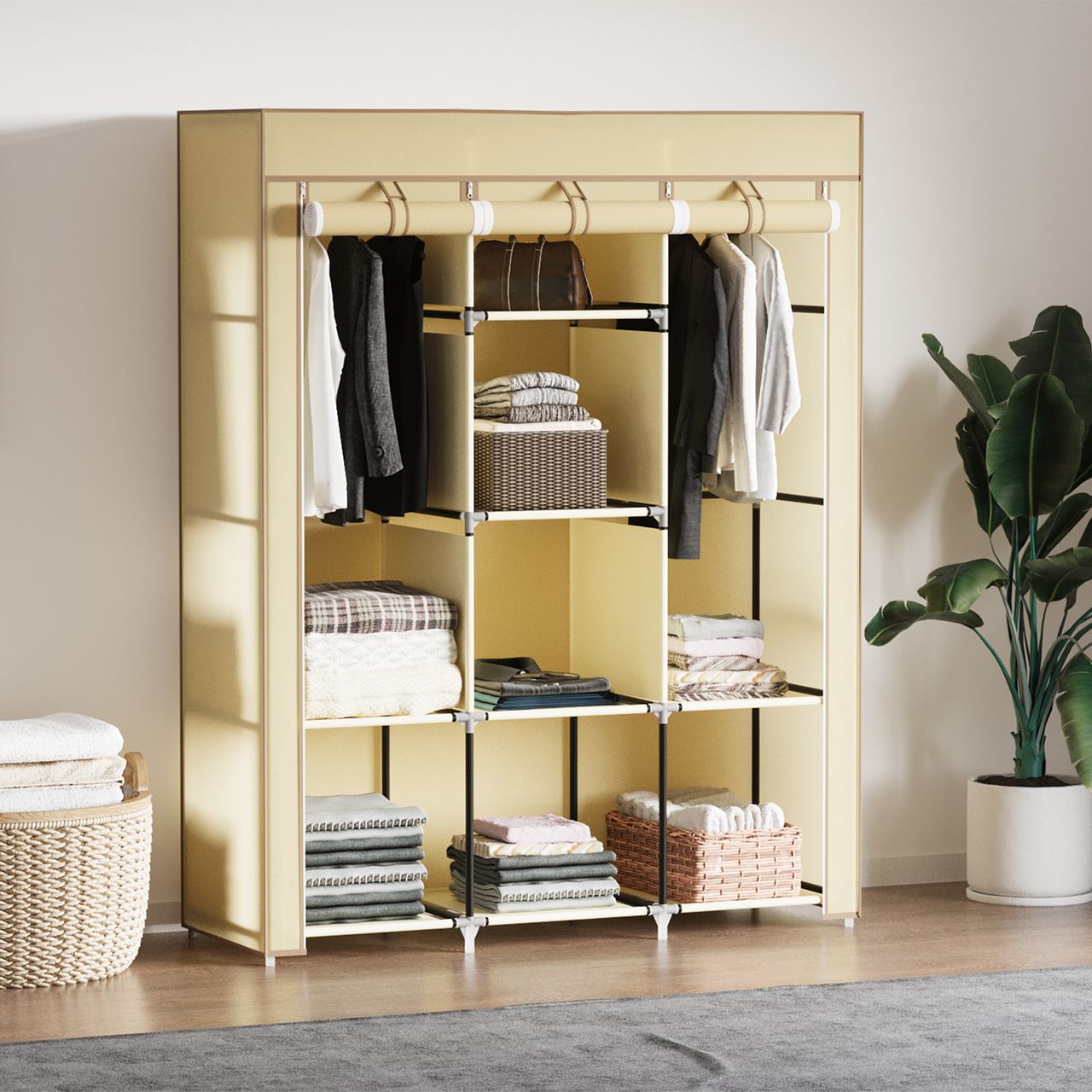 HOMCOM Stoffschrank, Faltschrank, Kleiderschrank mit Kleiderstangen, 8 Ebenen