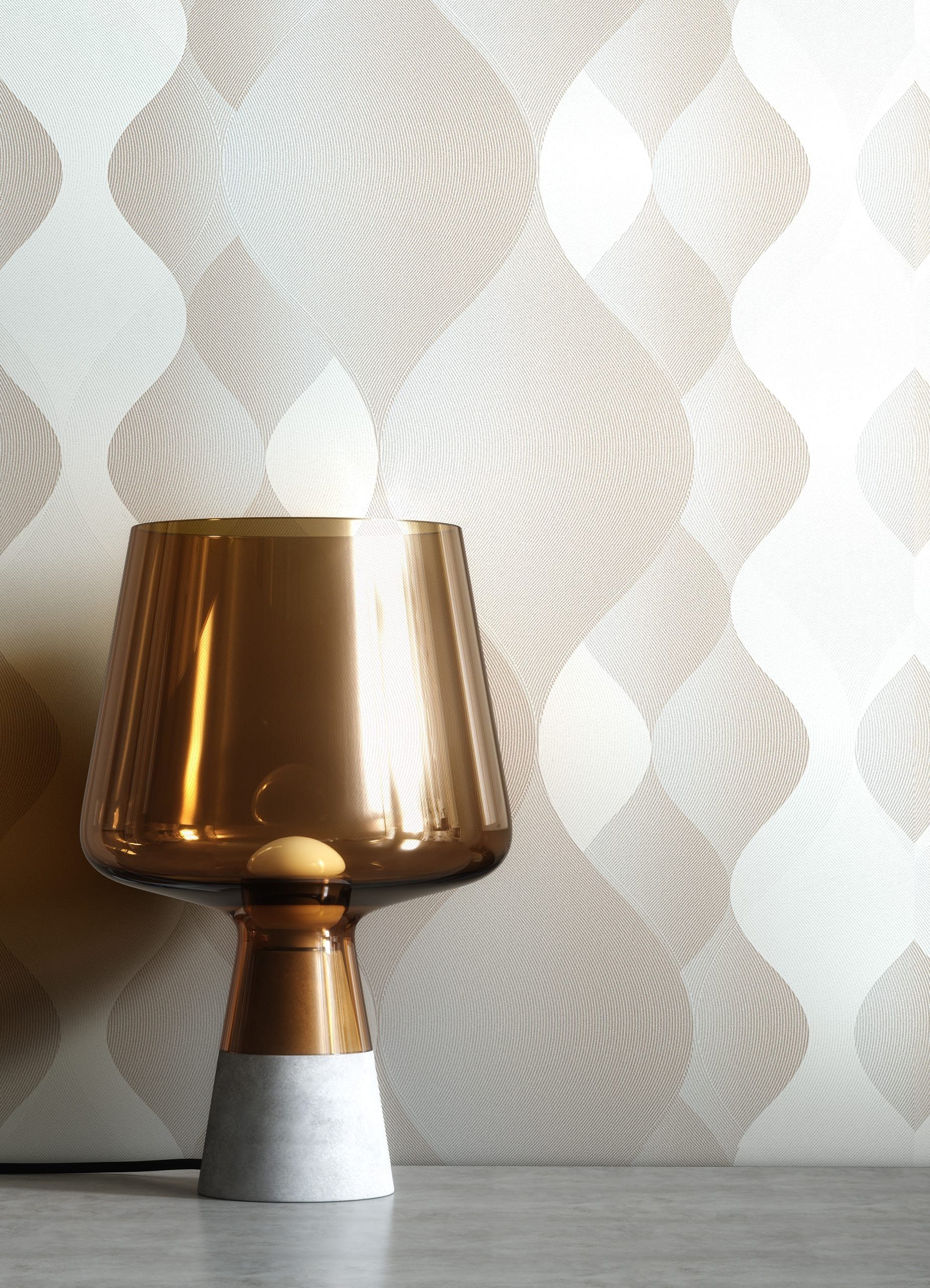 Newroom Vliestapete, Beige Tapete Modern Grafik - Mustertapete Retro Hellgrau Weiß Grafisch 3D Optik Wellen Muster für Wohnzimmer Schlafzimmer Küche