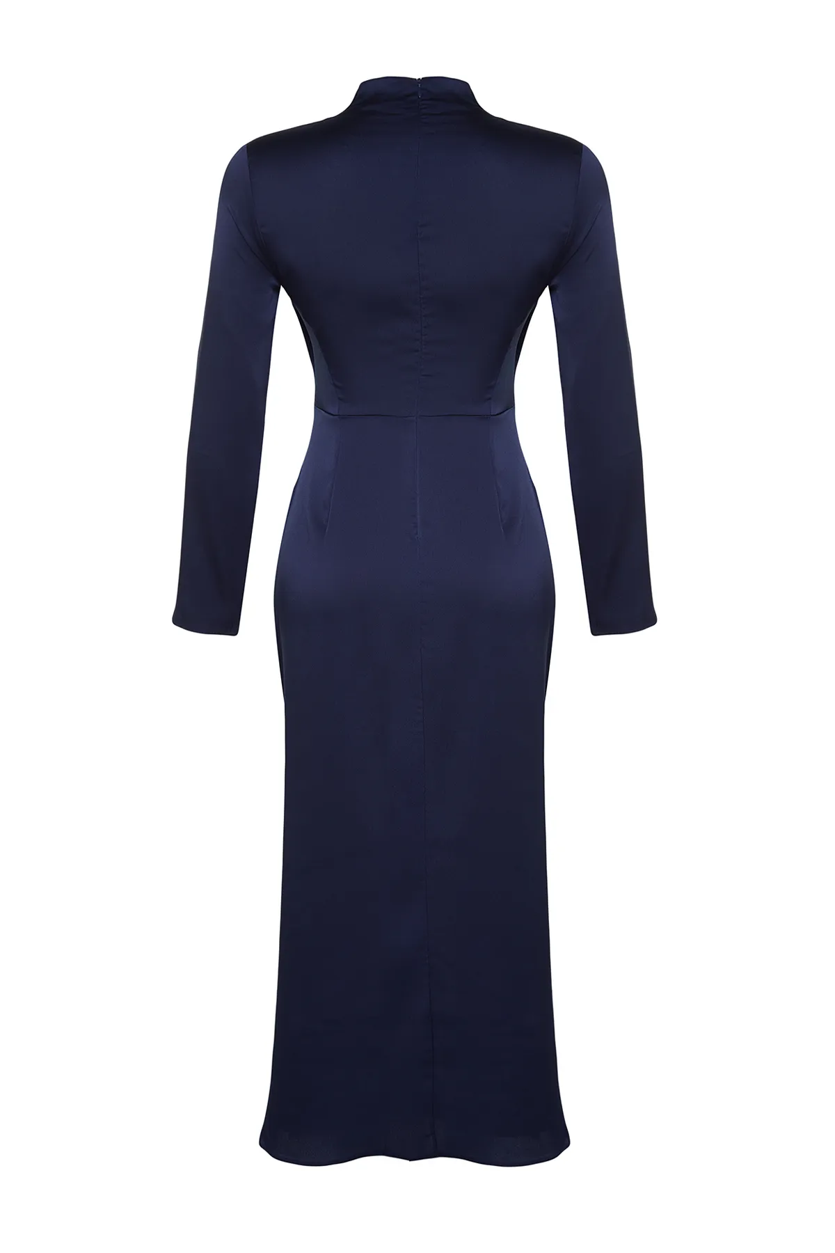 Trendyol Modest  Marineblaues, detailliertes Abendkleid aus gewebtem Satin mit Raffungen TCTSS24DB00037