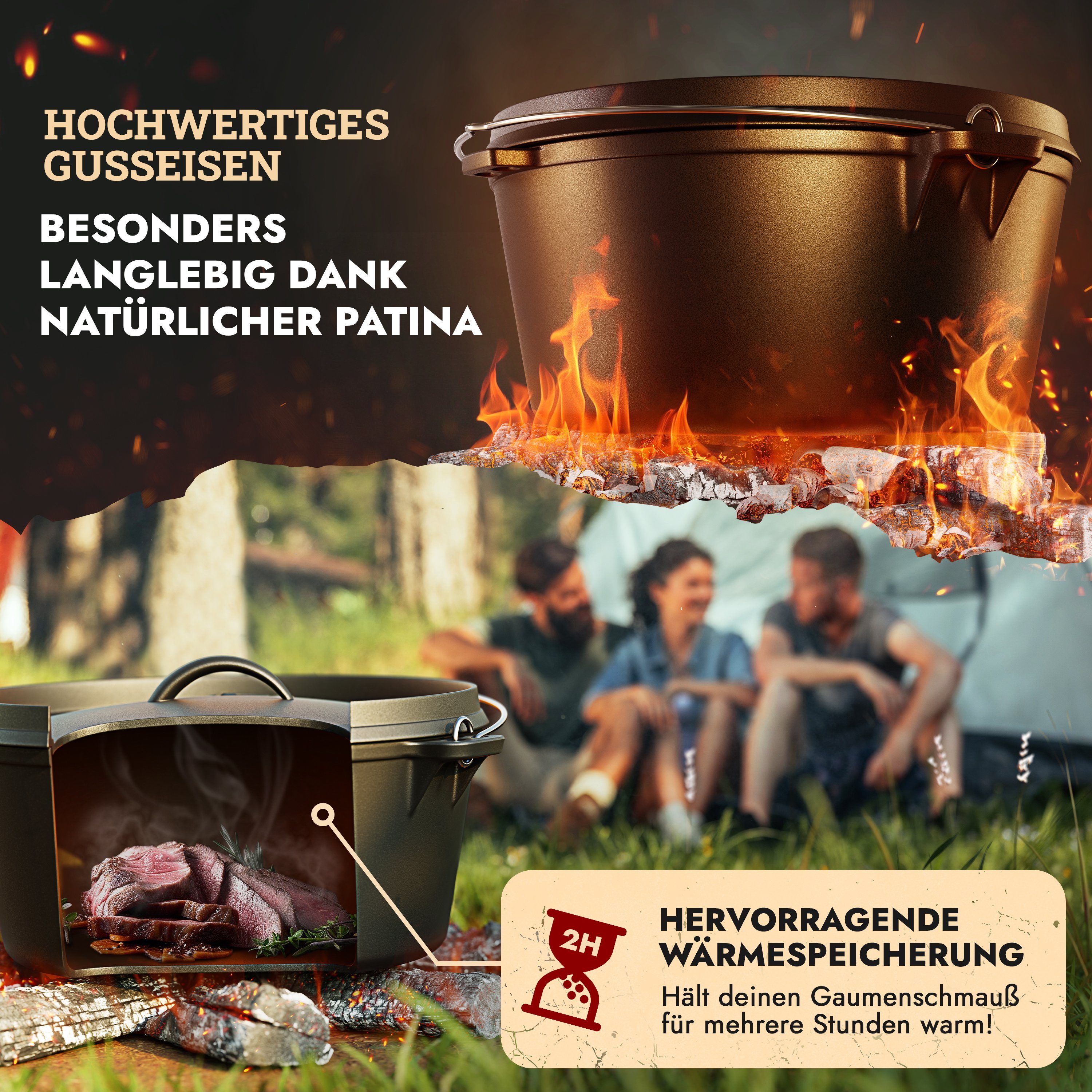 Funkenflug Feuertopf Eingebrannter Dutch Oven [8QT], Gusseisen (Rustikales Dutch Oven Set, 5-tlg., BBQ Feuertopf aus massivem & dickwandigen Gusseisen), inkl. Transporttasche, Deckelheber, Ringreiniger & Rezepte E-Book