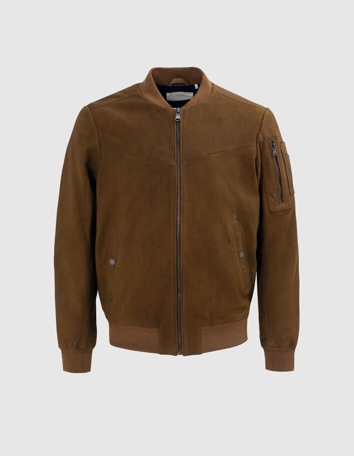 Bomber beige en cuir à poches zippées Homme