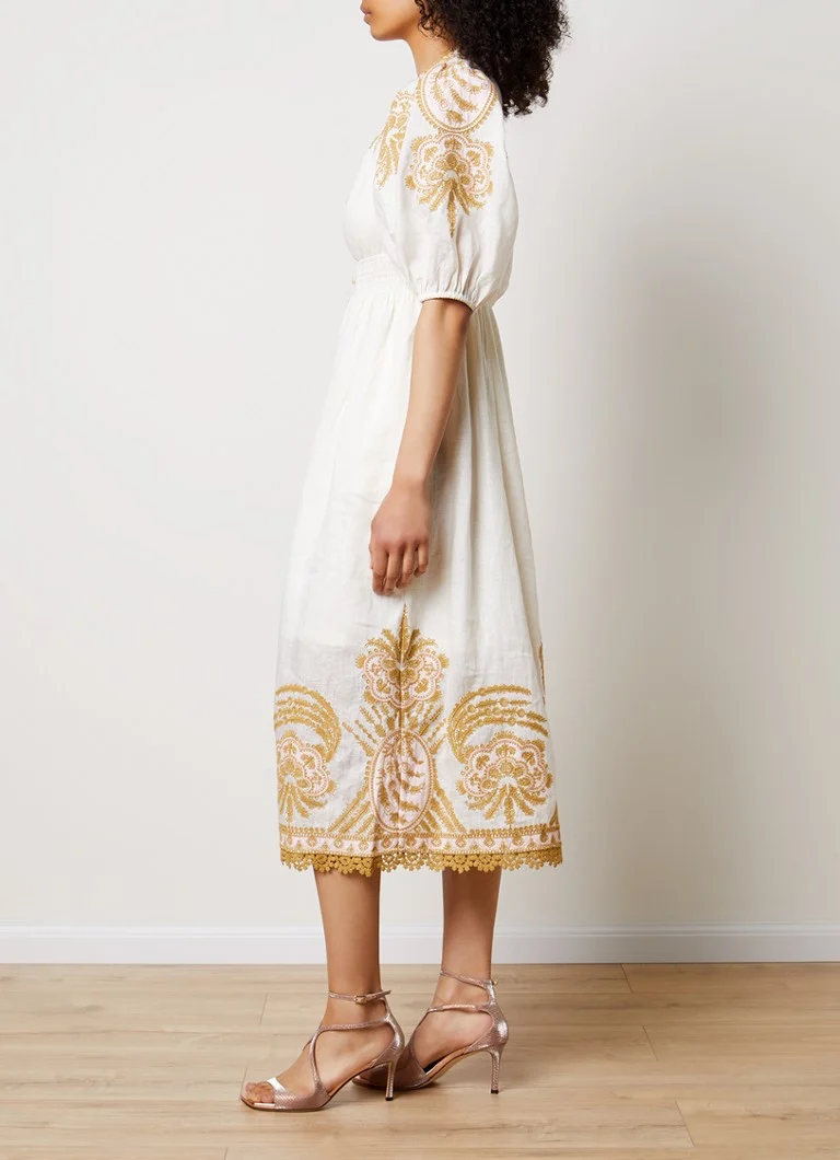 Zimmermann Waverly linen midi blouse dress with puff sleeves and side pockets