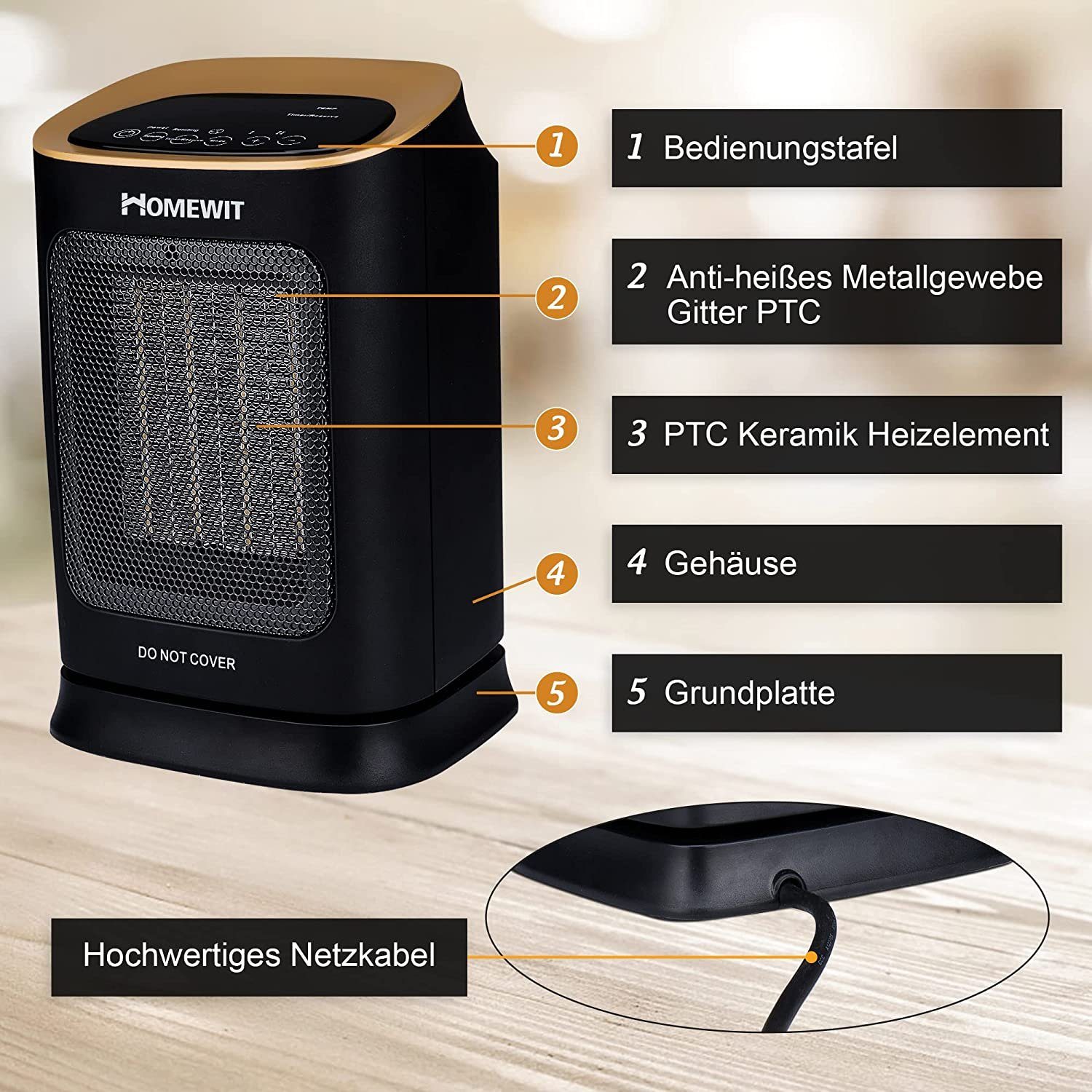 Homewit Heizlüfter Keramik-Heizgerät mit Fernbedienung, 2 Heizstufen, PTC Heizelement, 1800W Keramik-Heizlüfter, 60° automatische Drehen, Für Räume bis 20m²