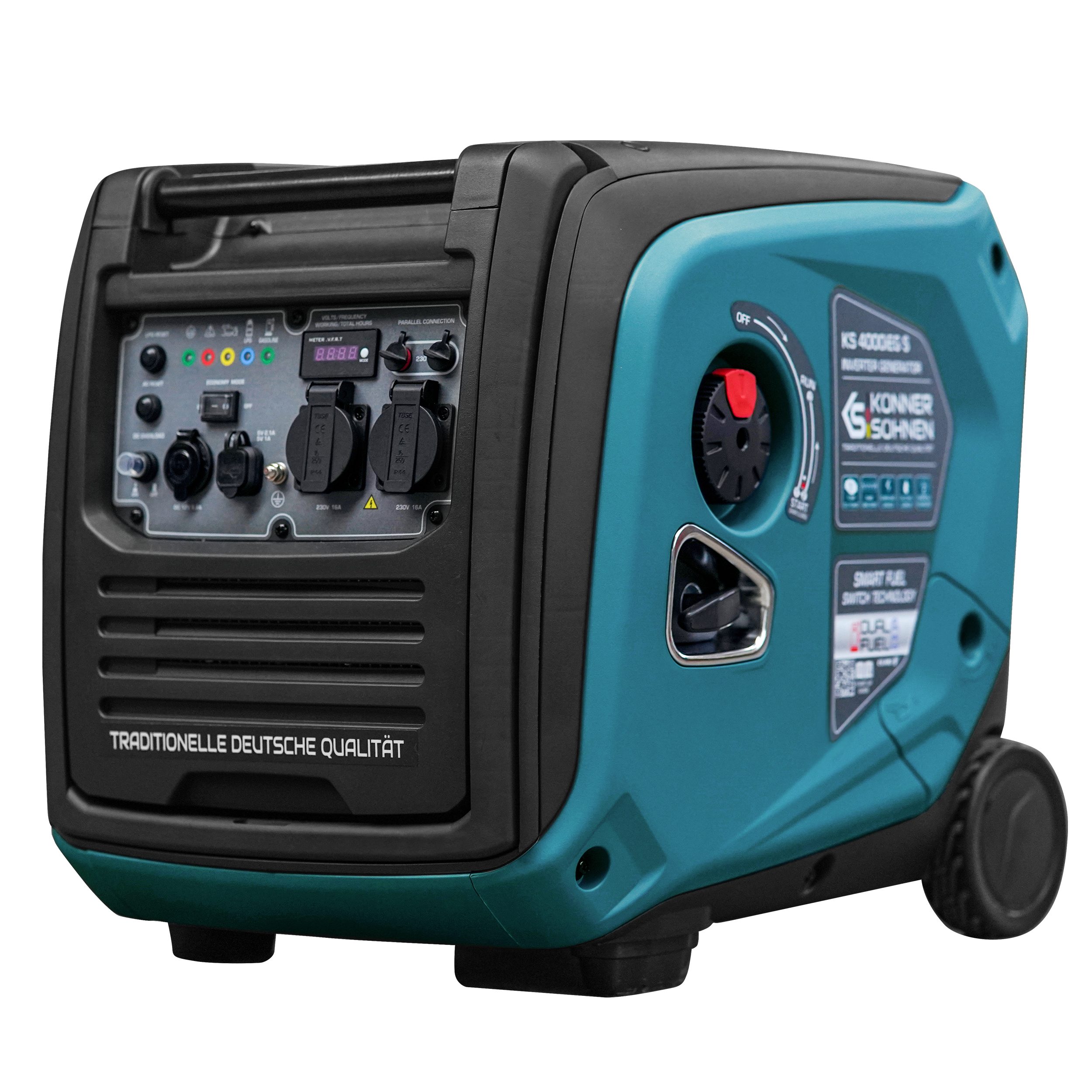 Könner & Söhnen Stromerzeuger KS 4000iEG S, 4,00 in kW, (66 dB Lpa 7m, 2хSchuko 230 V, 2 USB-Anschlüsse, 1-tlg., LED-Anzeige, einfacher Elektrostart, ECONOMY-Modus), Kupferwicklung, Kurzschluss- und Überlastschutz, EURO V