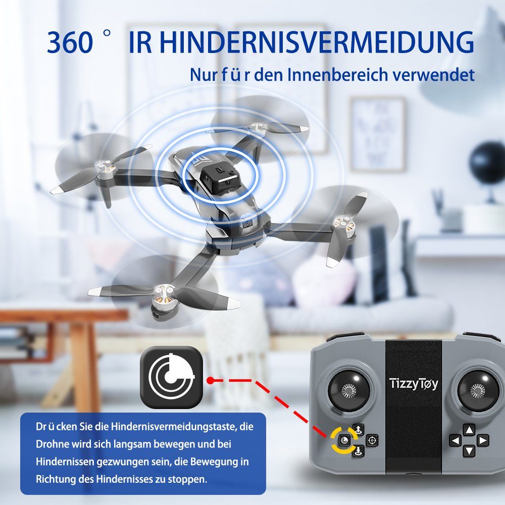 TizzyToy Bürstenloser Motor Drohne,App-Steuerung,Kinder, Geschenke, Spielzeug Spielzeug-Drohne (4K-Kamera, Luftdruck-Höheneinstellung, LED-Beleuchtung, Ersatzzubehör können bei otto erworben werden, Hochleistungsmotor, Lüfterblatt, Drohne für Erwachs