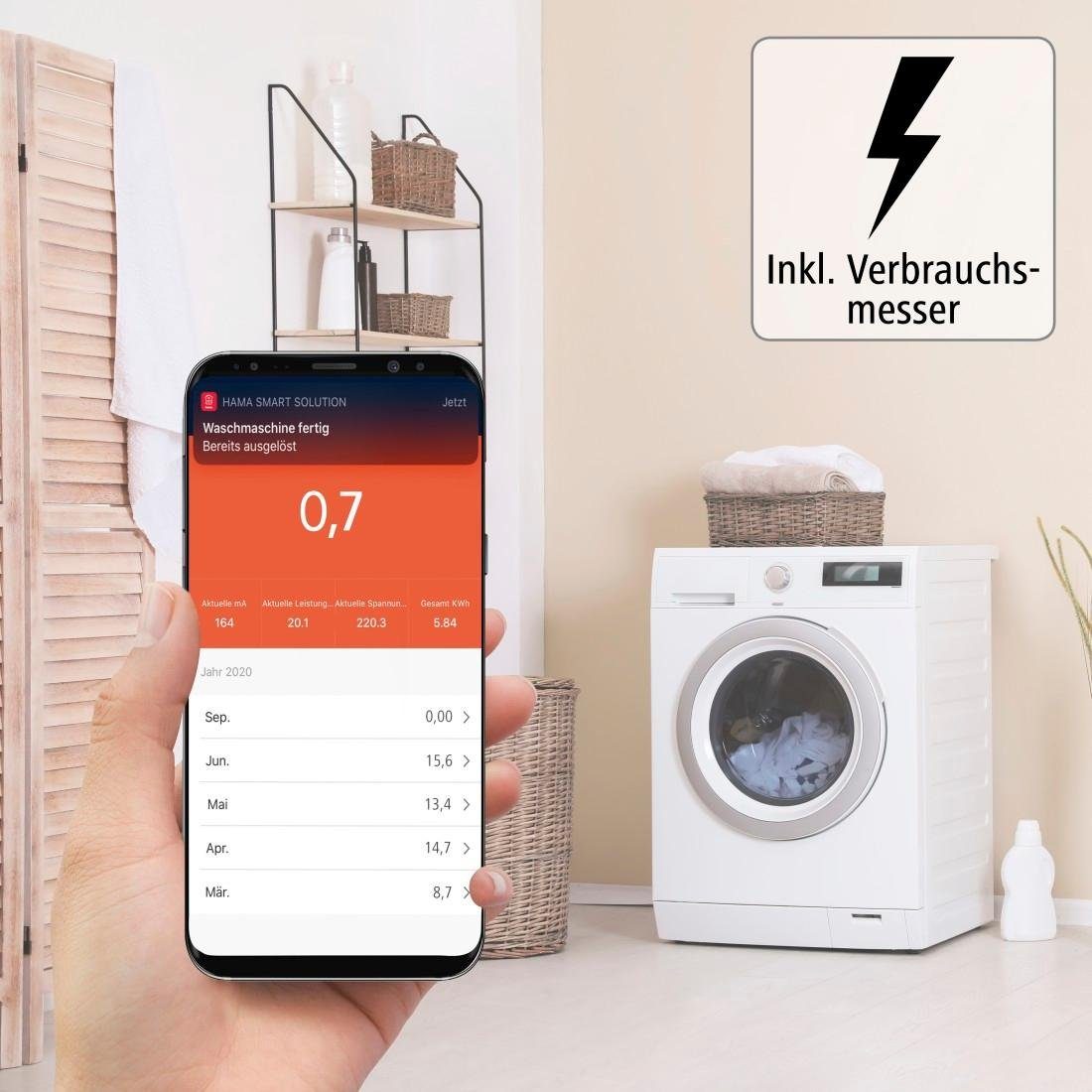 Hama WLAN-Steckdose WLAN Steckdose Mini Verbrauchsmesser o.Hub App-Sprachsteuerung 3.680W, max. 3680 W, Mit erhöhtem Berührungsschutz, Verbrauchsmesser