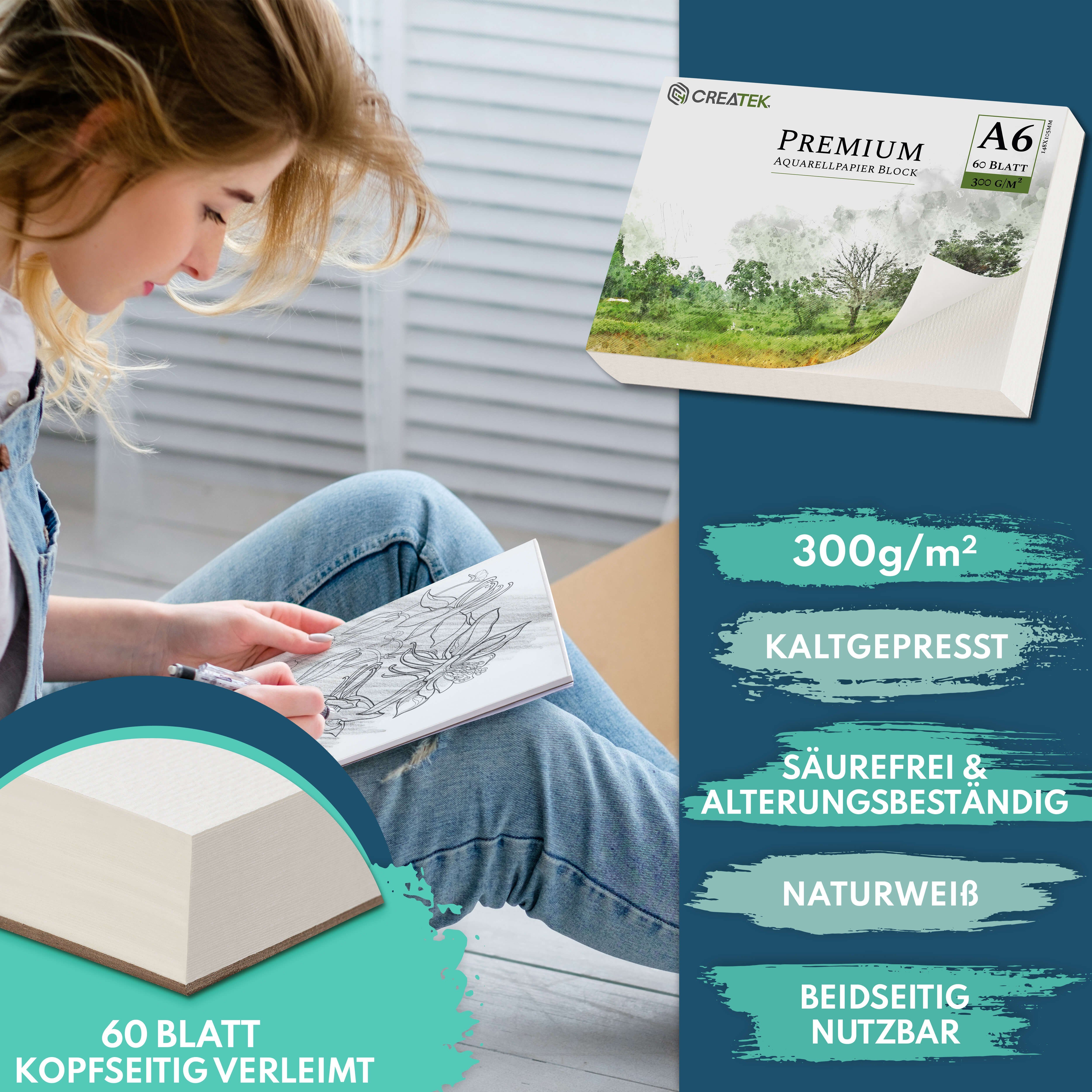 CreaTek Aquarellpapier 300g diverse Größen - Premium Qualität inkl. Pinsel & Bleistift uvm., 2 STUNDEN VIDEOKURS + 400 MALVORLAGEN