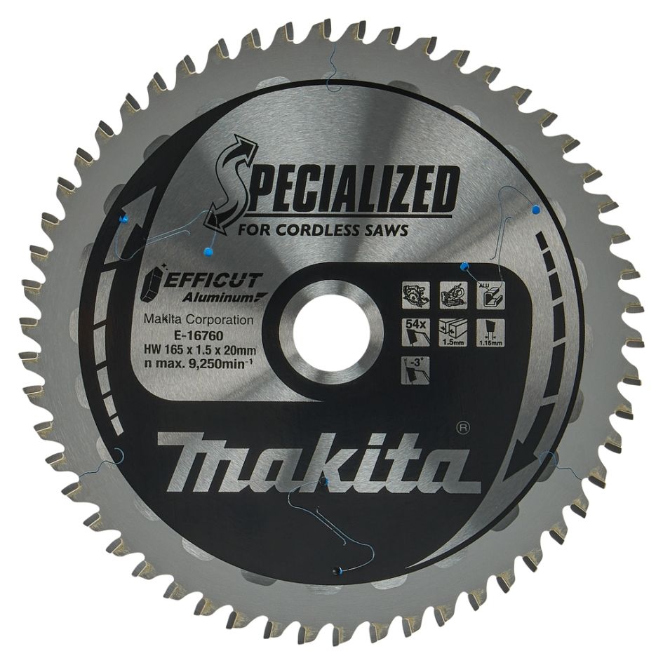 Makita Tilbehør E-16760 Spesialisert Tverrsag- og Sirkelsagblad Aluminium Efficut 165x20mm 54T -3g