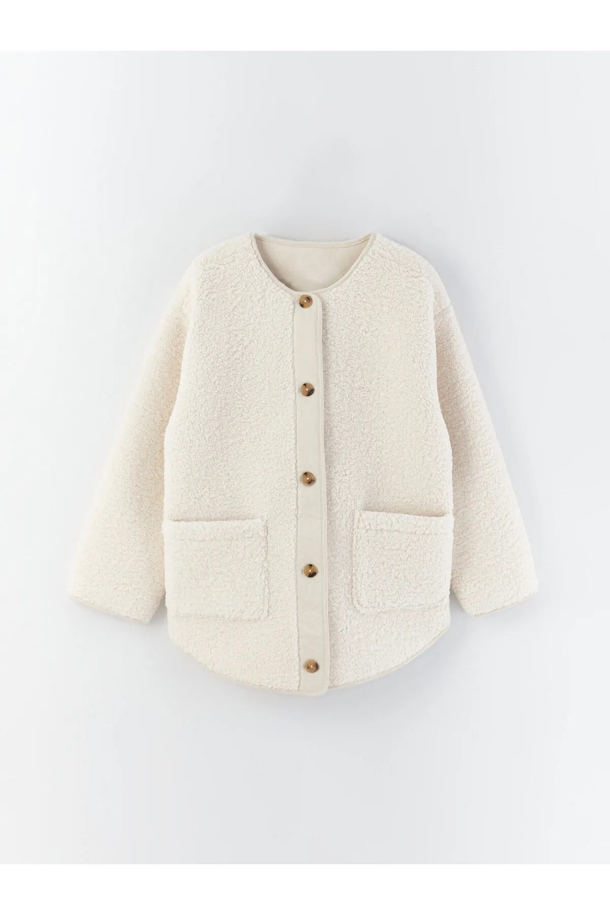 LC Waikiki  Einfarbiger Teddymantel mit Rundhalsausschnitt für Damen
