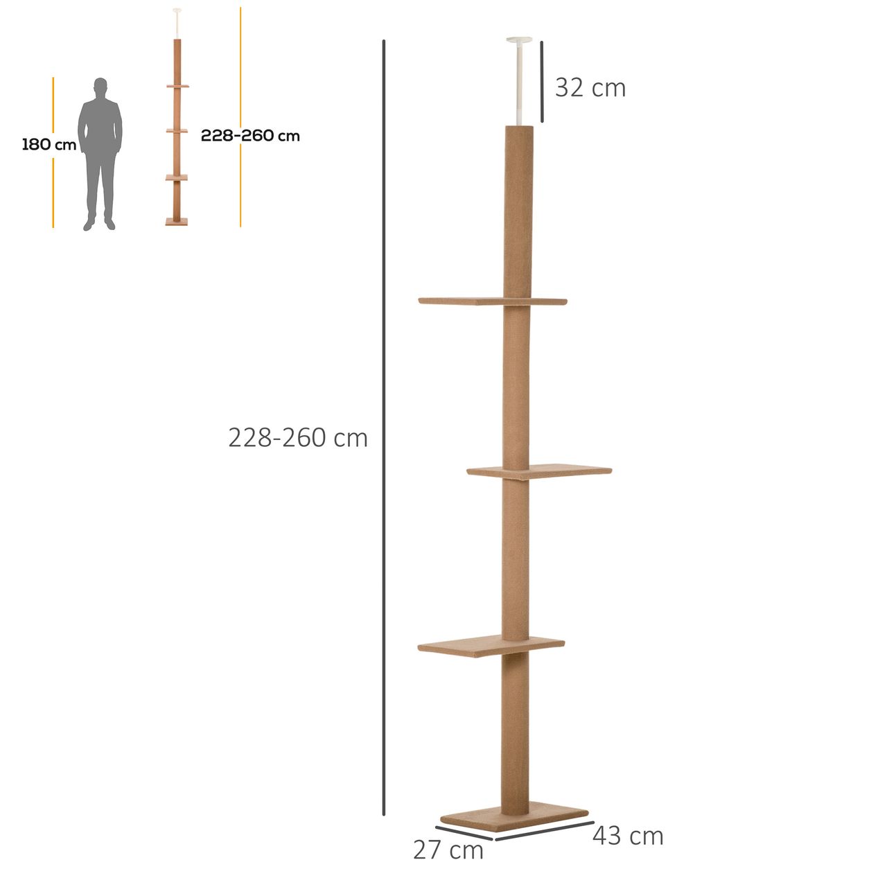 PawHut Kratzbaum Katzenbaum Kletterbaum für Katzen Höhenverstellbar Spielbaum Hellbraun 43x27x228-260 cm