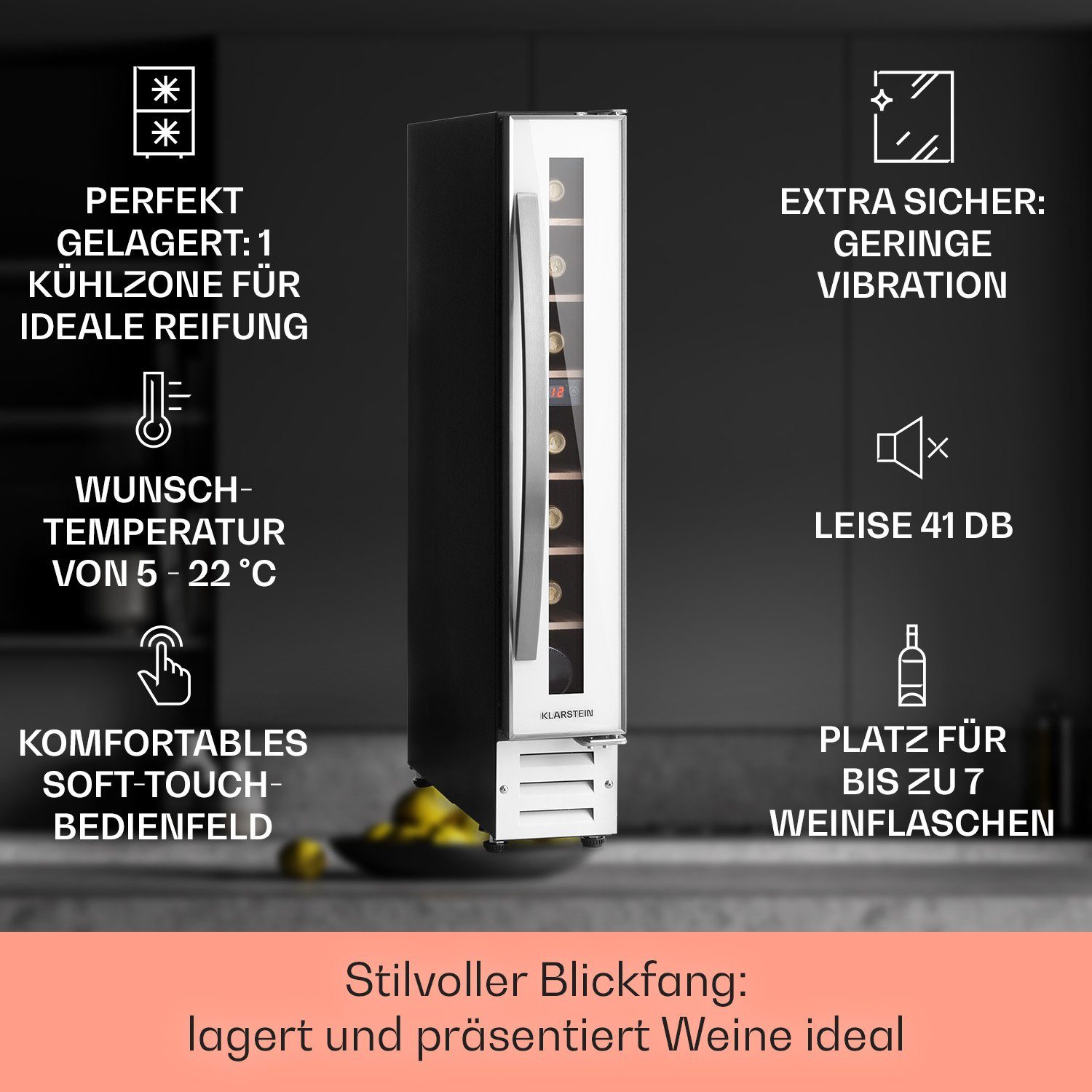 Klarstein Weinkühlschrank Vinovilla 7, für 7 Standardflaschen á 0,75l,Wein Flaschenkühlschrank Weintemperierschrank Weinschrank Kühlschrank