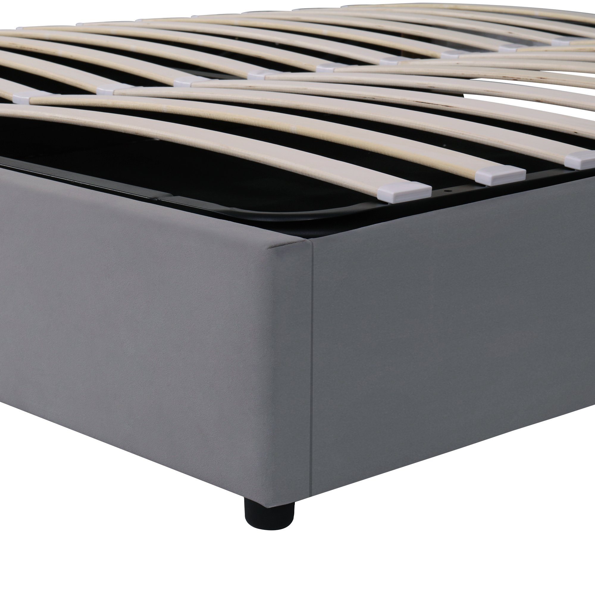 OKWISH Polsterbett Hydraulisch Stauraumbett mit richtungsabhängige (Breites und Schaumstoffgefülltes Kopfteil,Schachbrettmuster, aus Stahlrahmen und Verbundplatten,Samt), 140*200cm,grau