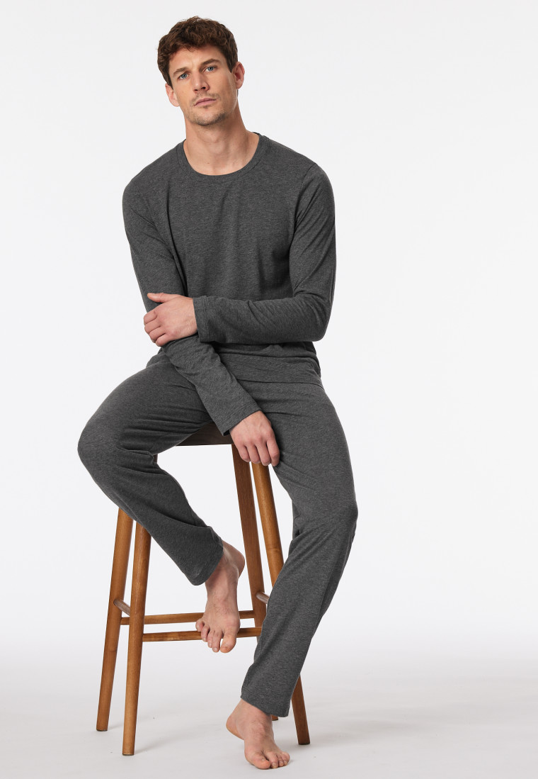 Schlafanzug Doppelripp lang Bündchen dunkelgrau meliert - Modern Nightwear