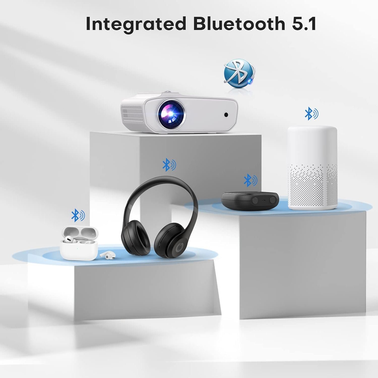 TOPVISION Bluetooth 5.1 Multimedia Heimkino250' Display Unterstützung Portabler Projektor (8500 lm, 10000:1, 1920 * 1080P px, kompatibel mit HDMI, USB, VGA, AV, Smartphone, Pad, TV Box, Laptop)