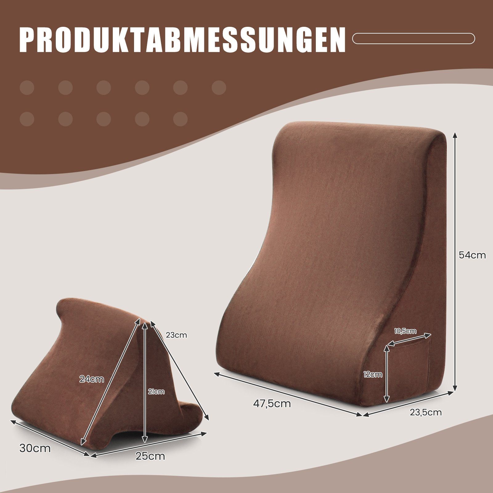 COSTWAY Keilkissen, mit Tablet-Kissenständer & Seitentaschen, abnehmbarer Bezug