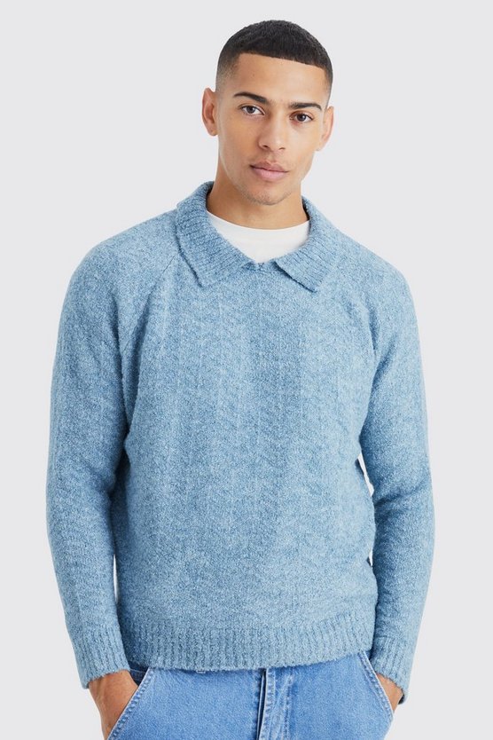 Oversize Pullover mit Fischgräten-Kragen und Trichterkragen
