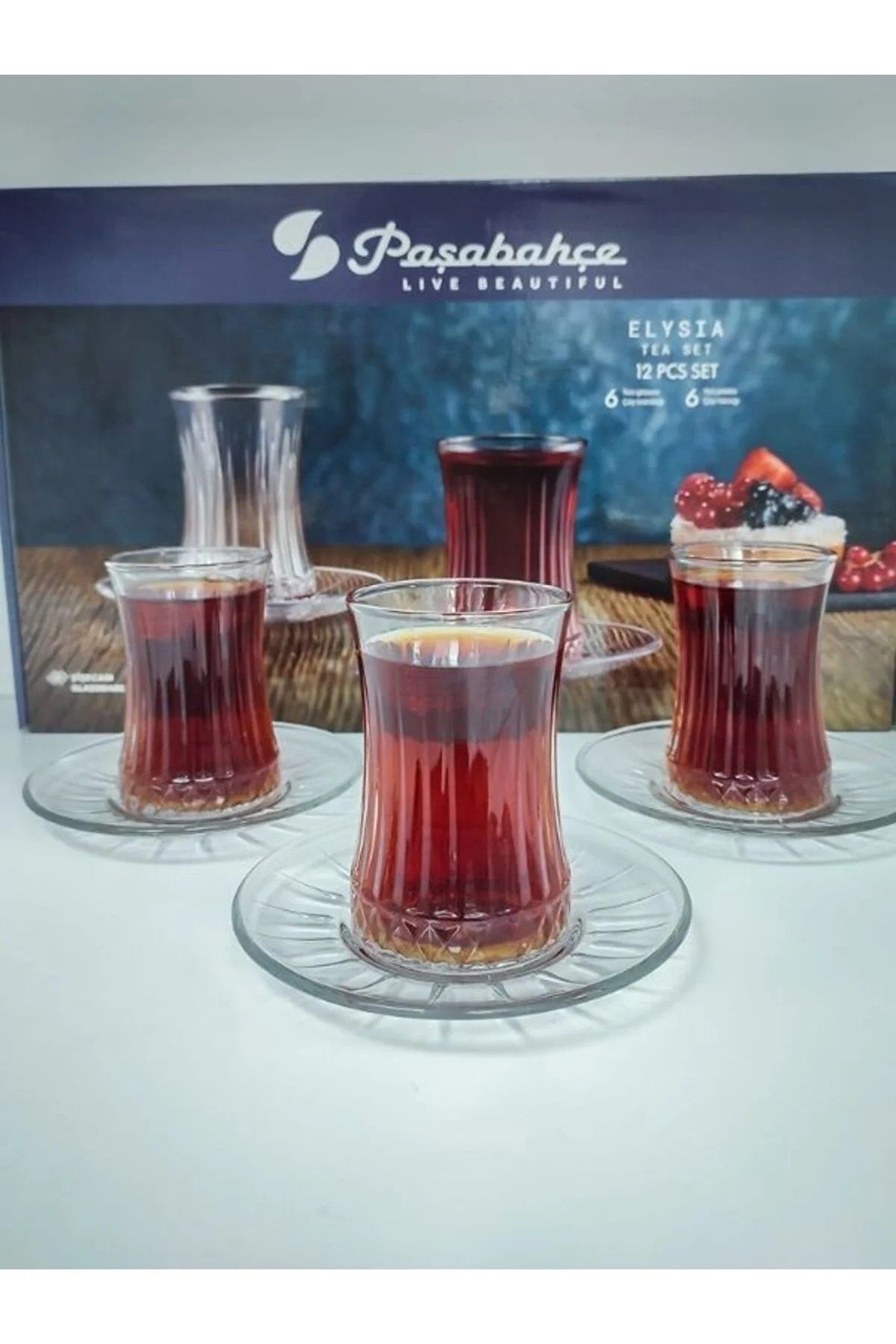 Pasabahce Teeglas Elysia, Glas, Teeglas Set 12 Teilig mit Untertassen