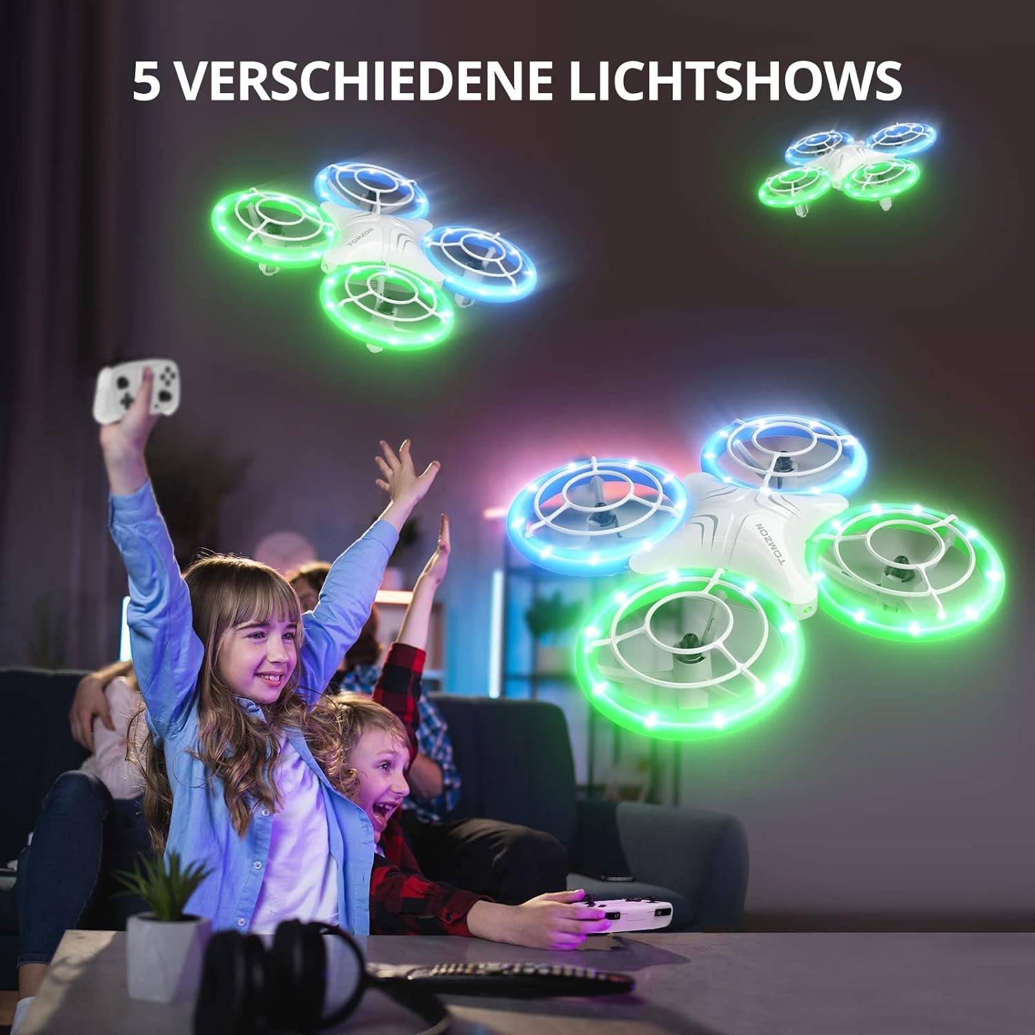 Tomzon Mini Drohne für Kinder, Blauen und Grünen LED Lichter Drohne (Fliege mit Leichtigkeit: 2 Akkus, 3D-Flip, Kopflos-Modus, für Anfänger)