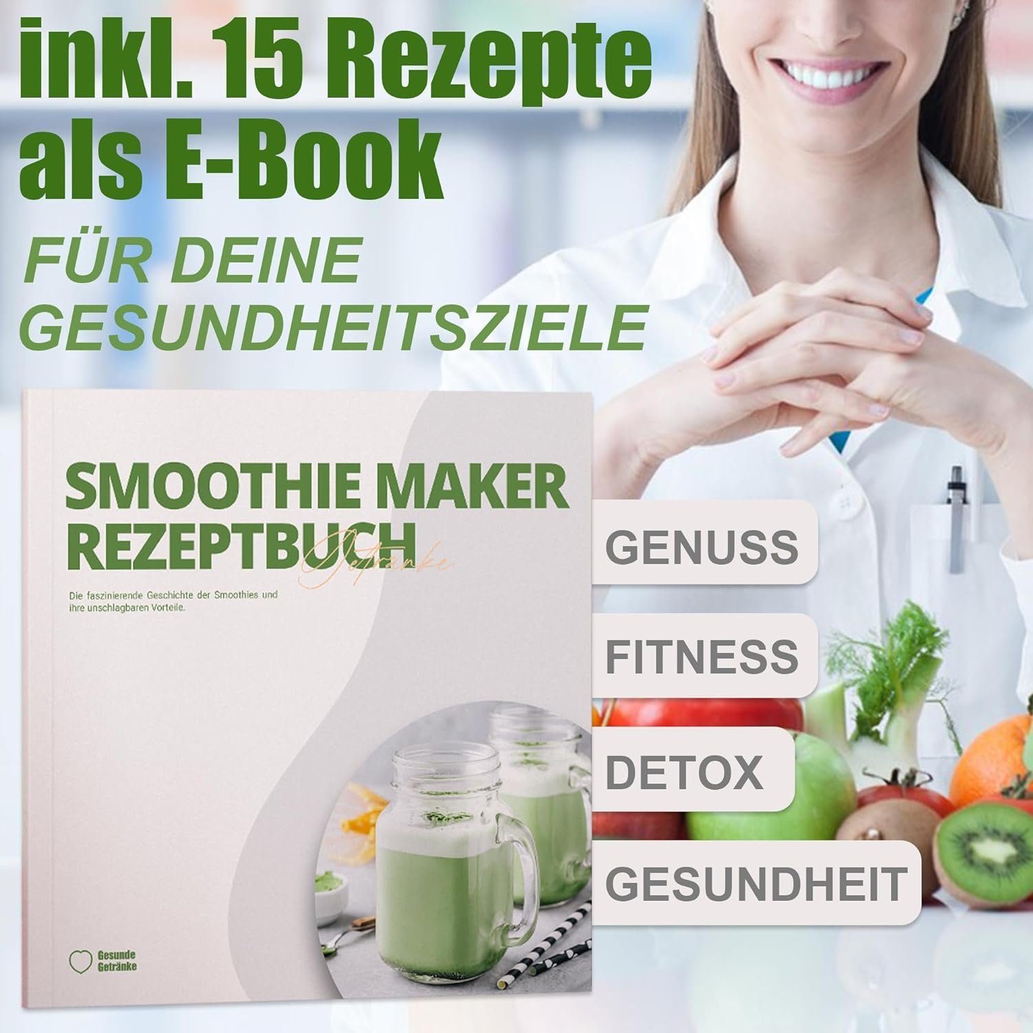 Kitchen Pro + Smoothie-Maker mit 2 To Go Flasche 260W Mixer Blender, 260,00 W, 304-Edelstahl, Leicht zu reinigen, 2 Tritan-Trinkflaschen