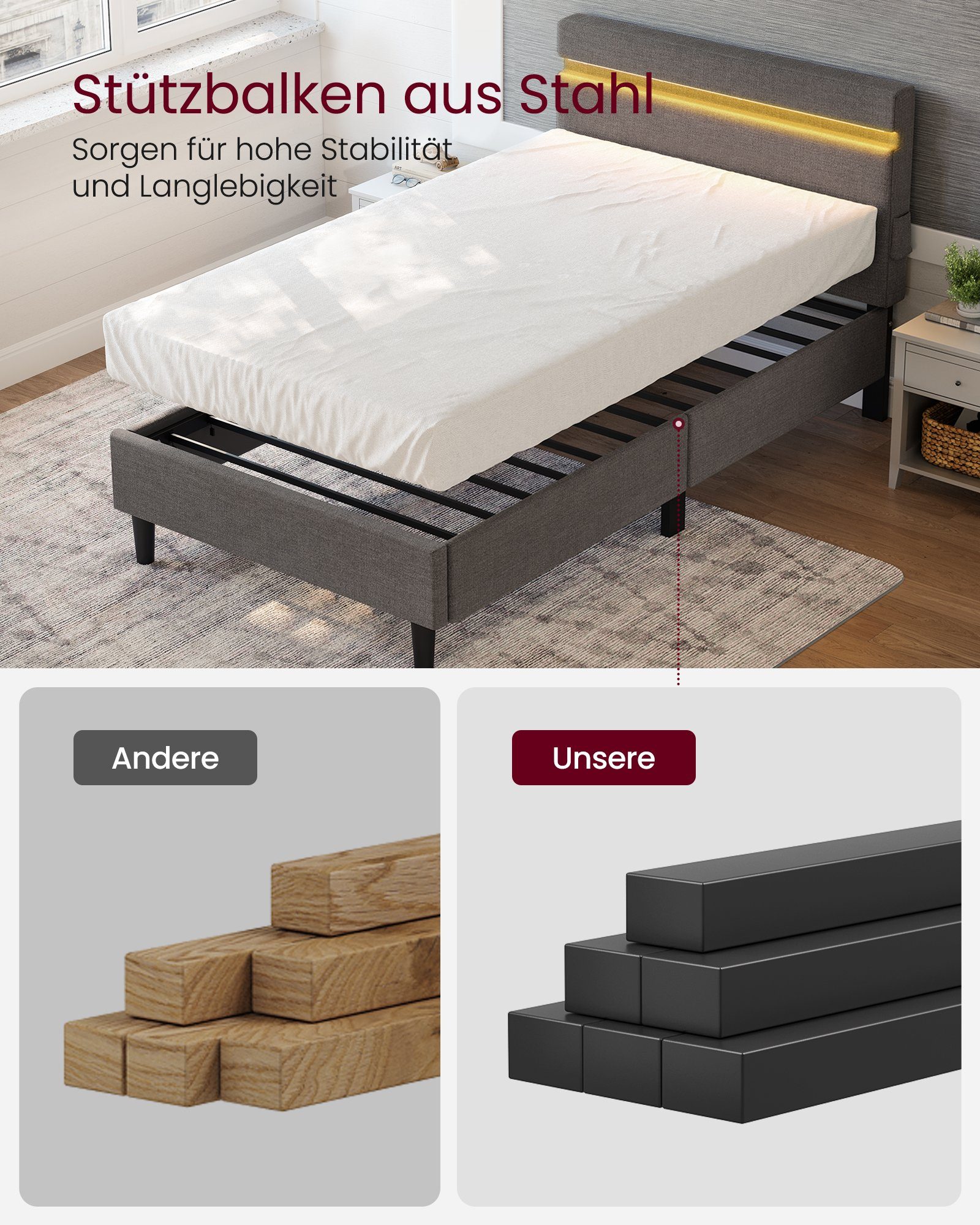 VASAGLE Polsterbett, Bettgestell, 25 Farben und 10 Blinkmustern, USB- und TYPE-C Anschluss